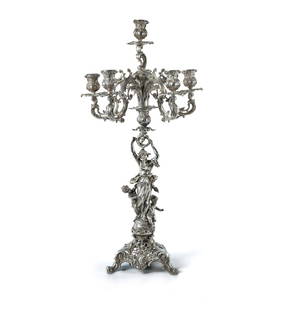 Art Nouveau Continental Silver Figural Candelabra: Art Nouveau Continental Silver Figural Candelabra Central support modelled as an allegorical woman with supporting children. On a cast, reticulated base, the feet marked '800' (H64cm W2.36kg)
