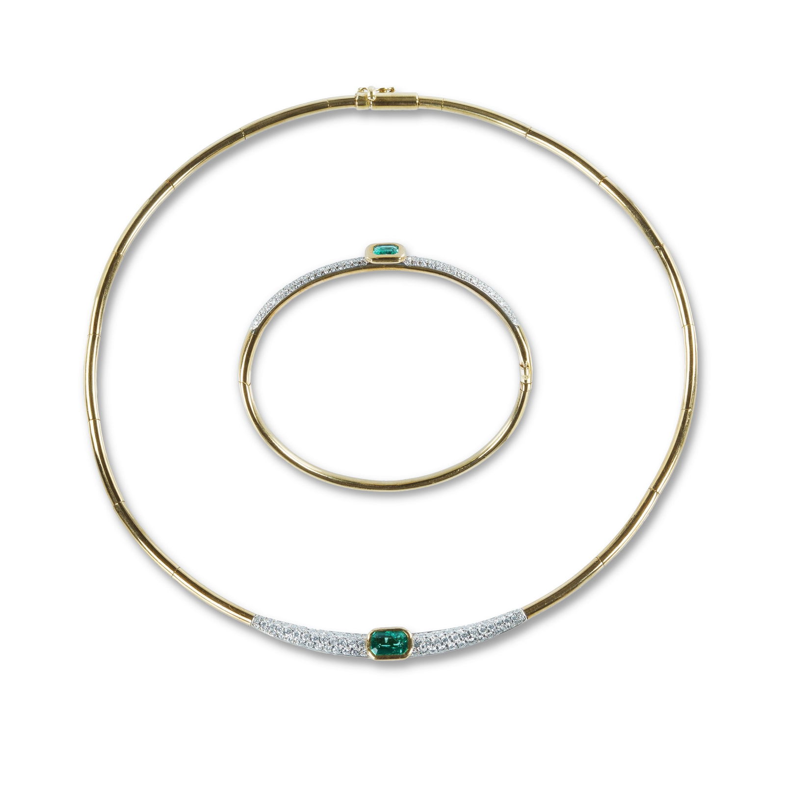 18ct Yellow & White Gold H.STERN Emerald & Diamond Necklace and Bracelet: 18ct Yellow & White Gold H.STERN Emerald & Diamond Necklace and Bracelet A semi-rigid necklace set with a 1.03ct natural emerald and 78 diamonds, accompanied by a matching hinged bangle featuring a 0.