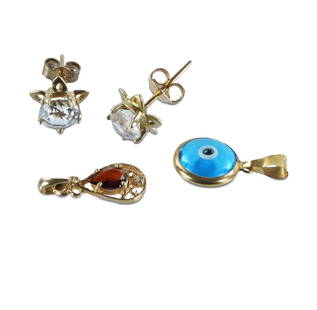 2 Yellow Gold Pendants & Pr Earrings: 2 Yellow Gold Pendants & Pr Earrings Including garnet & white stone pendant - yellow gold, marked 18K, approx 0.66g; evil eye pendant - yellow gold marked 333 (8ct) W0.56g (approx.); and white stone s