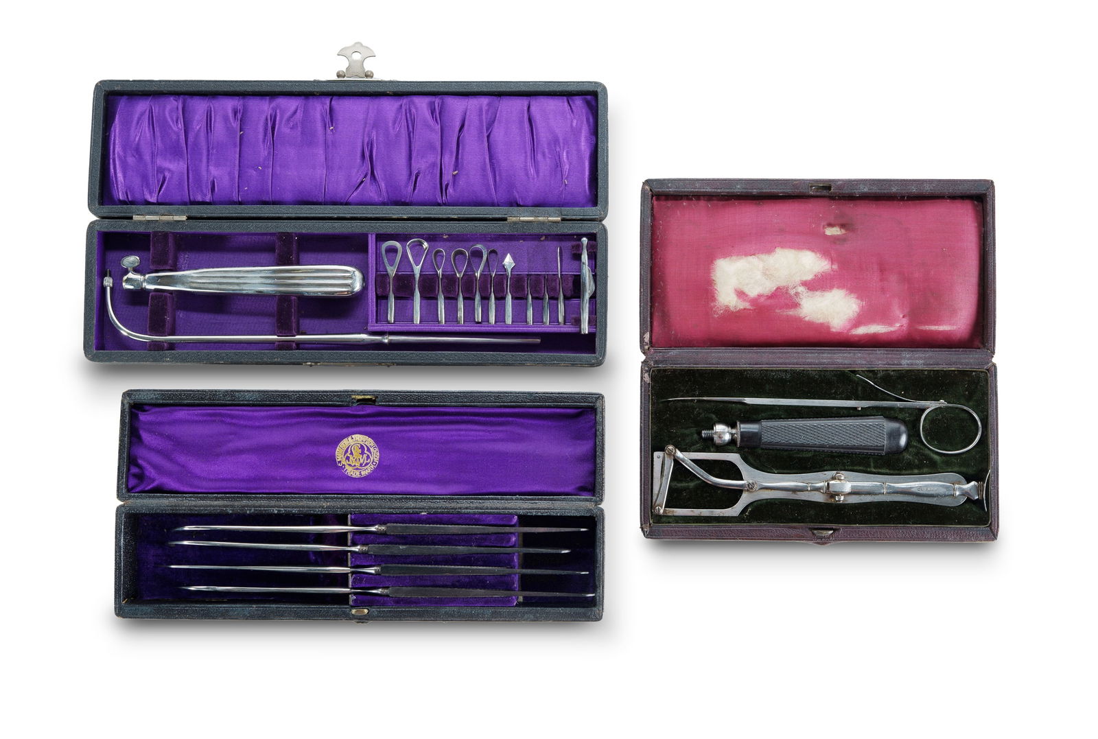 Group of 19th C Laryngeal Cased Instrument Sets: Group of 19th C Laryngeal Cased Instrument Sets Cased set of 4 tonsil knives by S. Mawson & Thompson, Heryng's laryngeal curettes in fitted case, and cased tonsil guillotine by Guyatt.