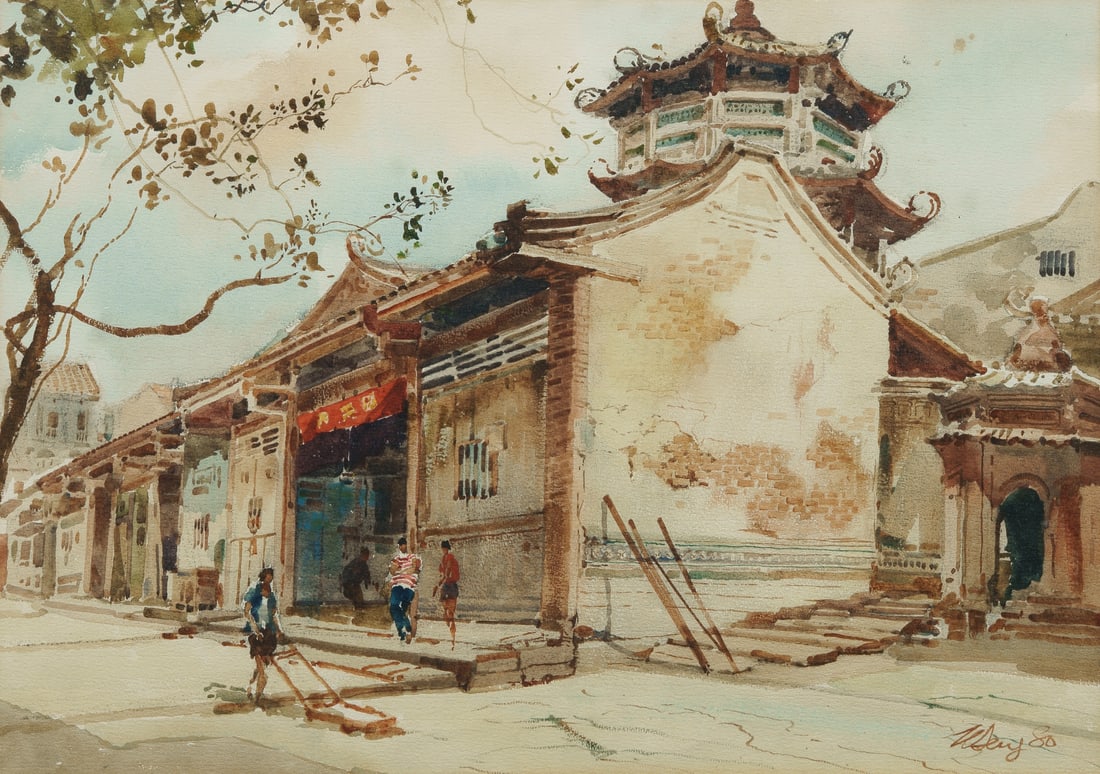 ONG Kim Seng (Singapore b.1945), Temple in Old Singapore, 1980., W/Clr, 52x71.5cm (1 of 3)
