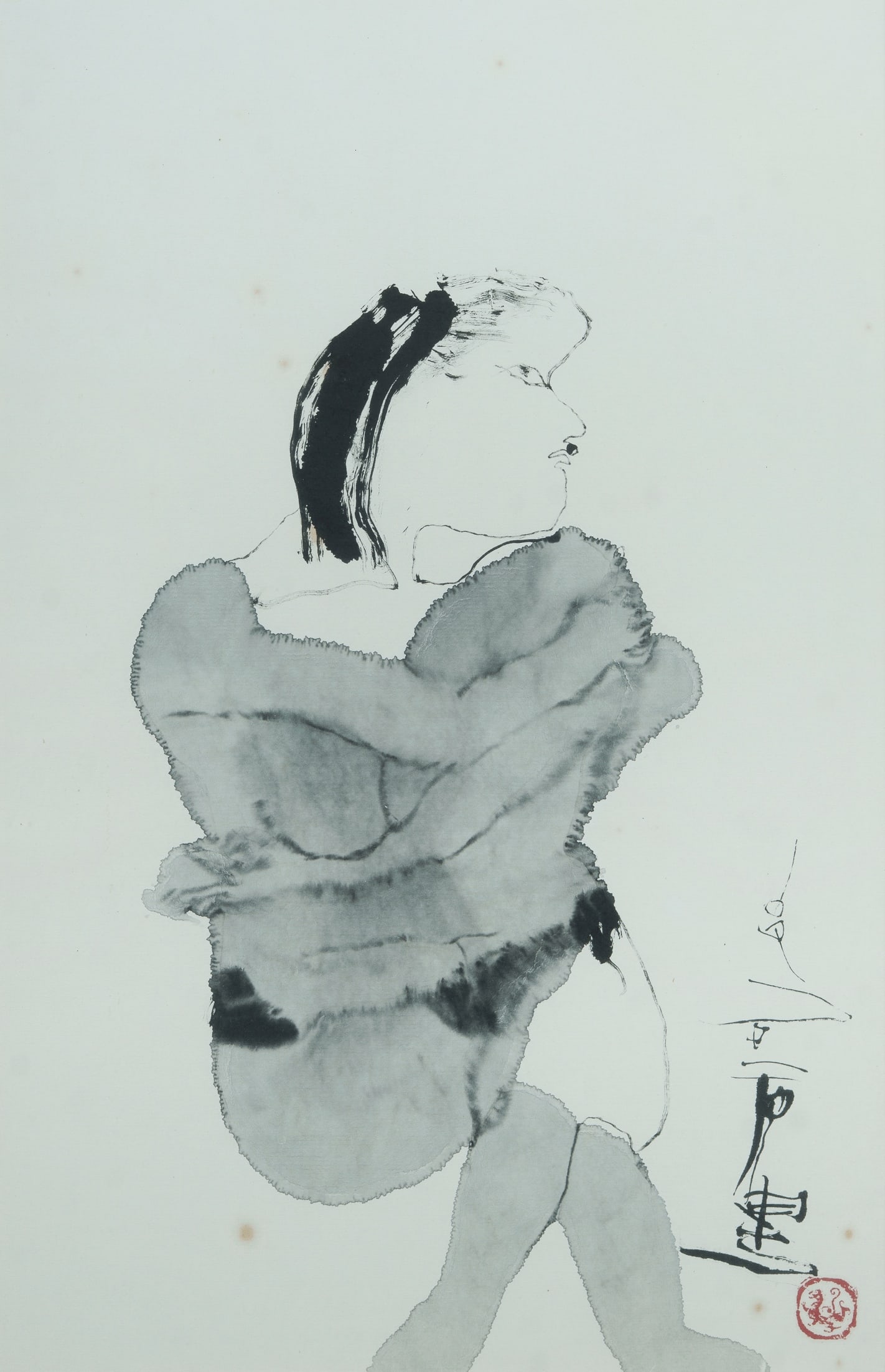 SHI HU (Chinese 1942-2023), 'Man and Woman Hugging', Ink & Wash on Paper, 68x44cm: SHI HU (Chinese 1942-2023) 'Man and Woman Hugging' Inscribed in ink lower right, and with artist's seal. Ink & Wash on Paper 68x44cm