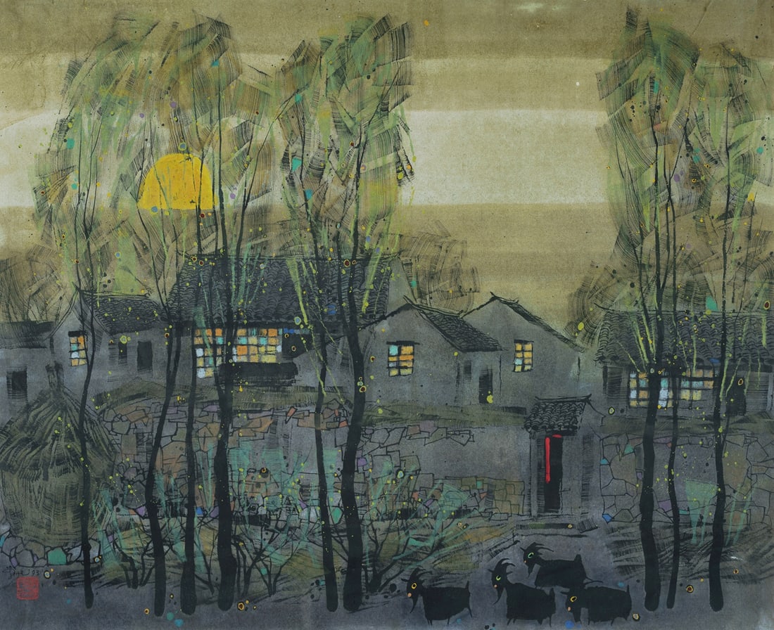 LI Fuyuan (Chinese b.1942), Village with Goats at Night, 1993., Ink & Colour on Paper, 62x76cm: LI, Fuyuan (Chinese b.1942) Village with Goats at Night, 1993. Signed, dated and with artist's seal lower left. Ink & Colour on Paper 62x76cm (sight)