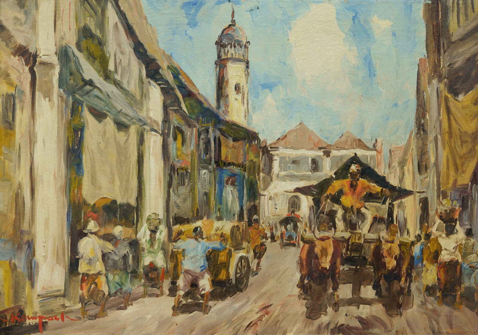 KOEMPOEL Sujatno (Indonesian 1912-1987), Ox Cart and Street Traders, Oil on Canvas, 40.5x58.5cm: KOEMPOEL, Sujatno (Indonesian 1912-1987) Ox Cart and Street Traders Signed lower left. Oil on Canvas 40.5x58.5cm