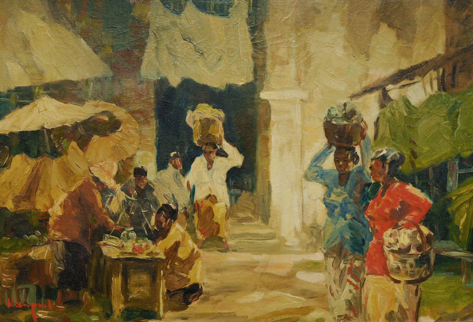 KOEMPOEL Sujatno (Indonesian 1912-1987), Fruit Sellers, Oil on Canvas on Board, 40x58cm: KOEMPOEL, Sujatno (Indonesian 1912-1987) Fruit Sellers Signed lower left. Oil on Canvas on Board 40x58cm
