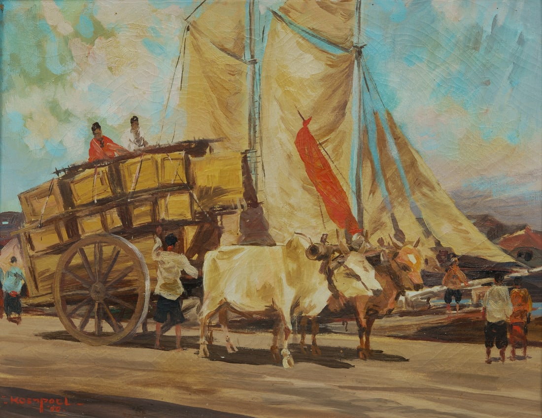 KOEMPOEL Sujatno (Indonesian 1912-1987), Loaded Ox Cart in Port, 1950., Oil on Canvas, 41.5x53.5cm: KOEMPOEL, Sujatno (Indonesian 1912-1987) Loaded Ox Cart in Port, 1950. Signed lower left. Oil on Canvas 41.5x53.5cm