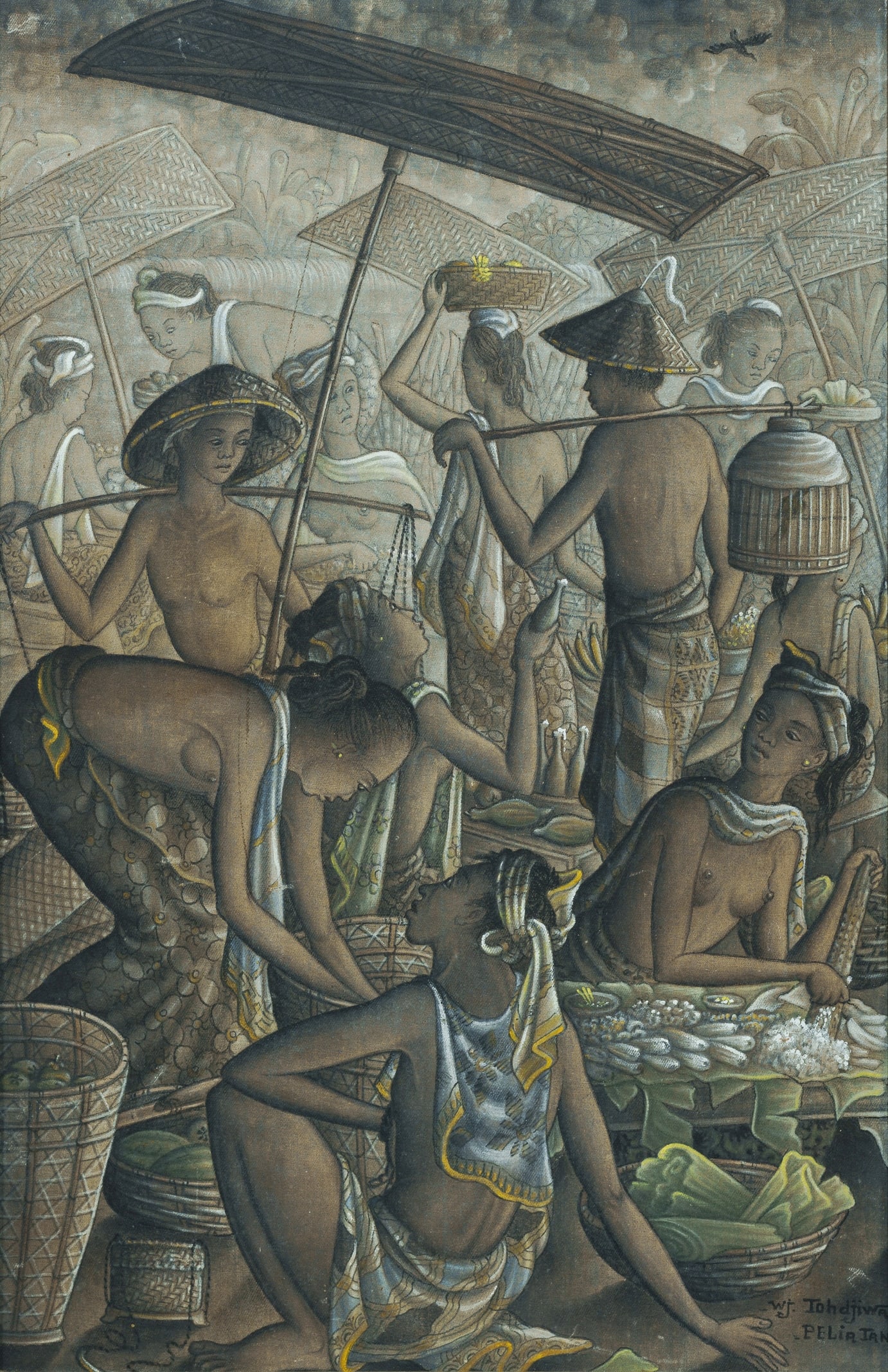 TOHDJIWA W.J. (Balinese School), Village Market, Peliatan., Acrylic on Canvas on Board, 59x38cm (1 of 2)