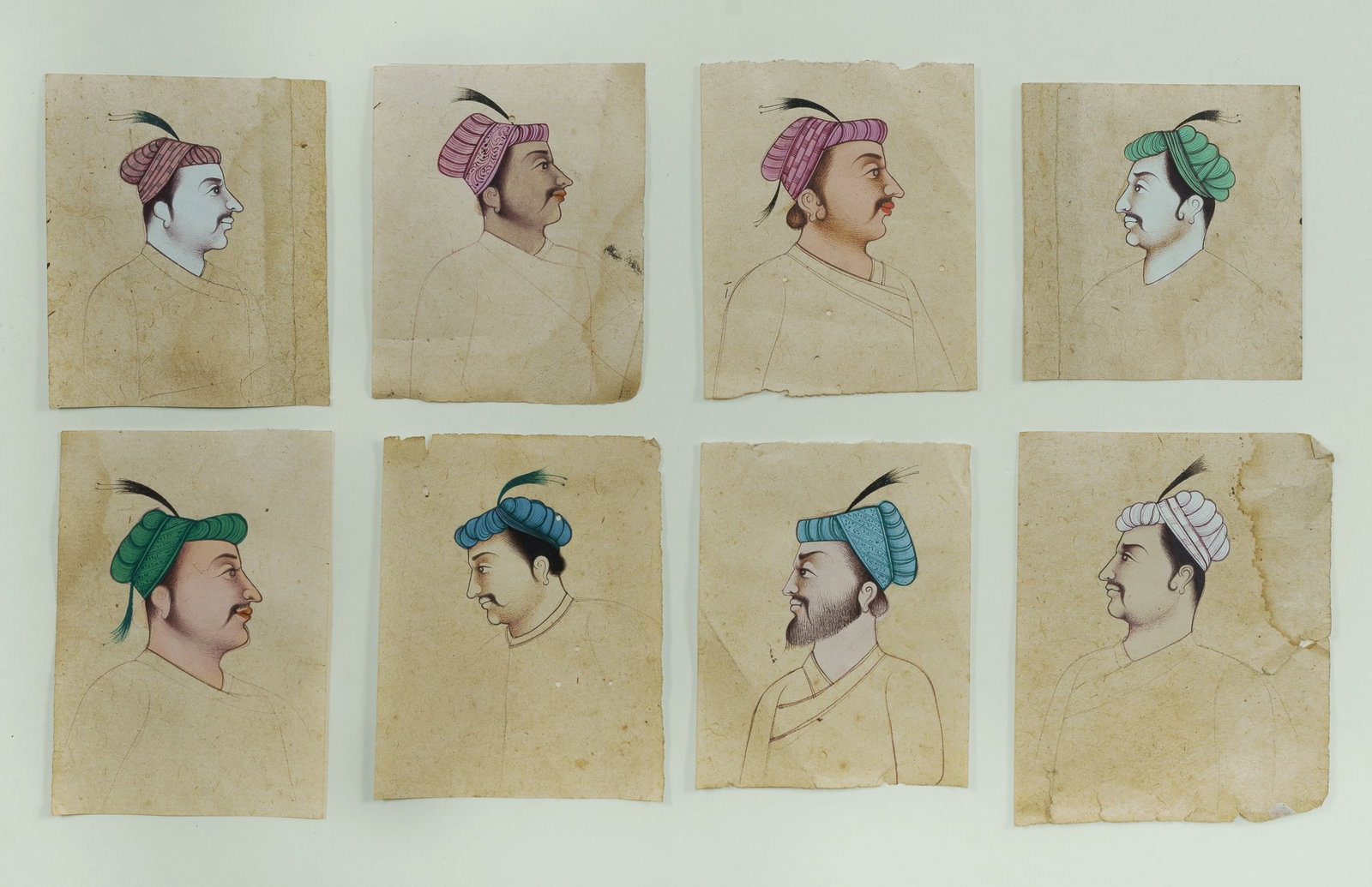 Indian School Rajasthan , 8 Portraits of Gentlemen (framed as group), Ink & Gouache, 8x6cm each: Indian School, Rajasthan 8 Portraits of Gentlemen (framed as group) Breewood Galleries, Katoomba, label verso. Ink & Gouache 8x6cm each (approx)