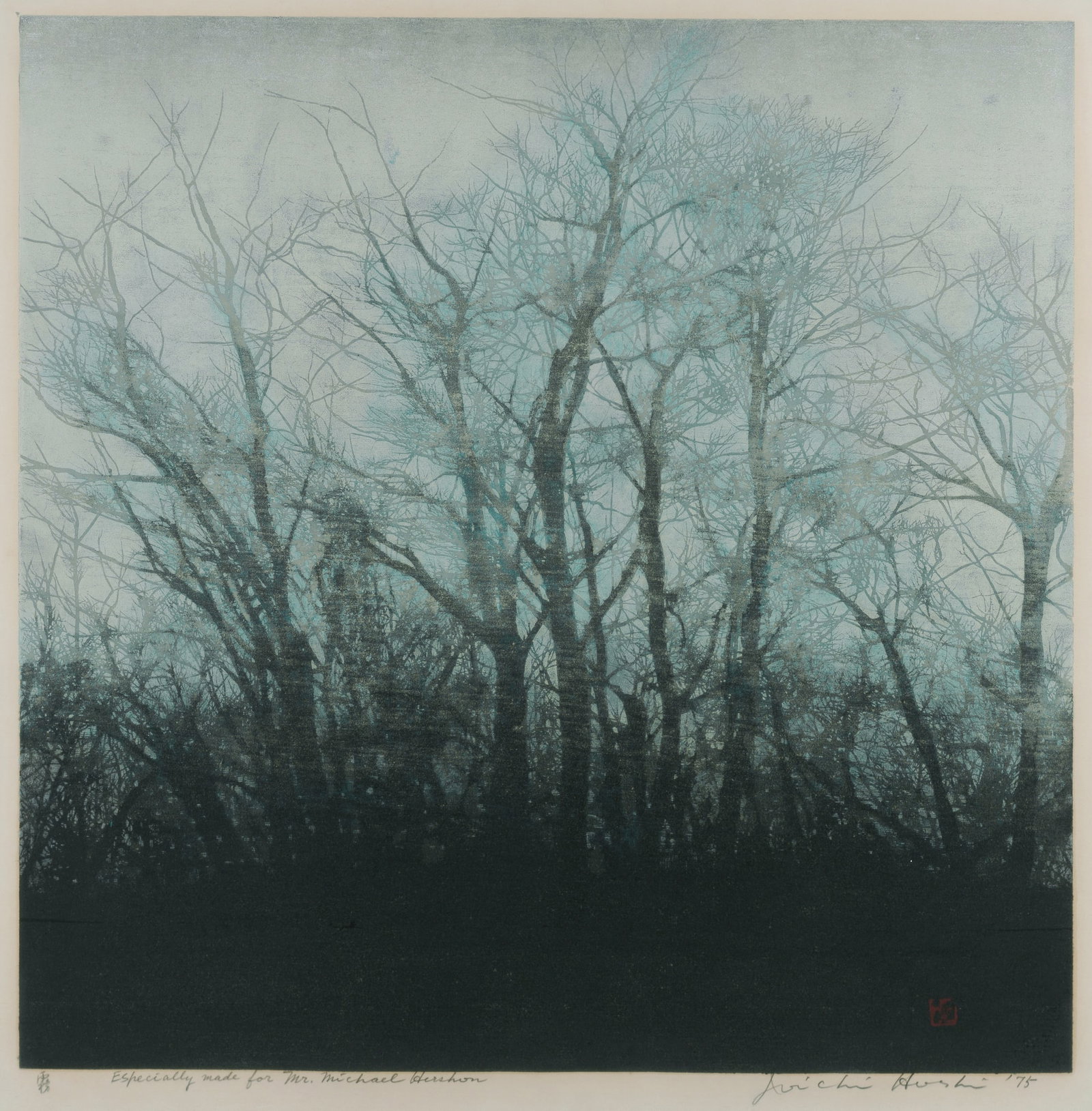 HOSHI Joichi (Japanese 1913-1979), Trees, 1975., Woodcut with Metallic Leaf, 55x55cm (image) (1 of 2)
