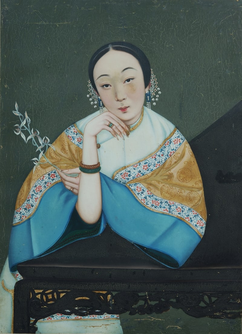 19th C Chinese School , Portrait of a Lady Holding an Orchid Sprig, Oil on Canvas, 61x44cm: 19th C Chinese School Portrait of a Lady Holding an Orchid Sprig Oil on Canvas 61x44cm