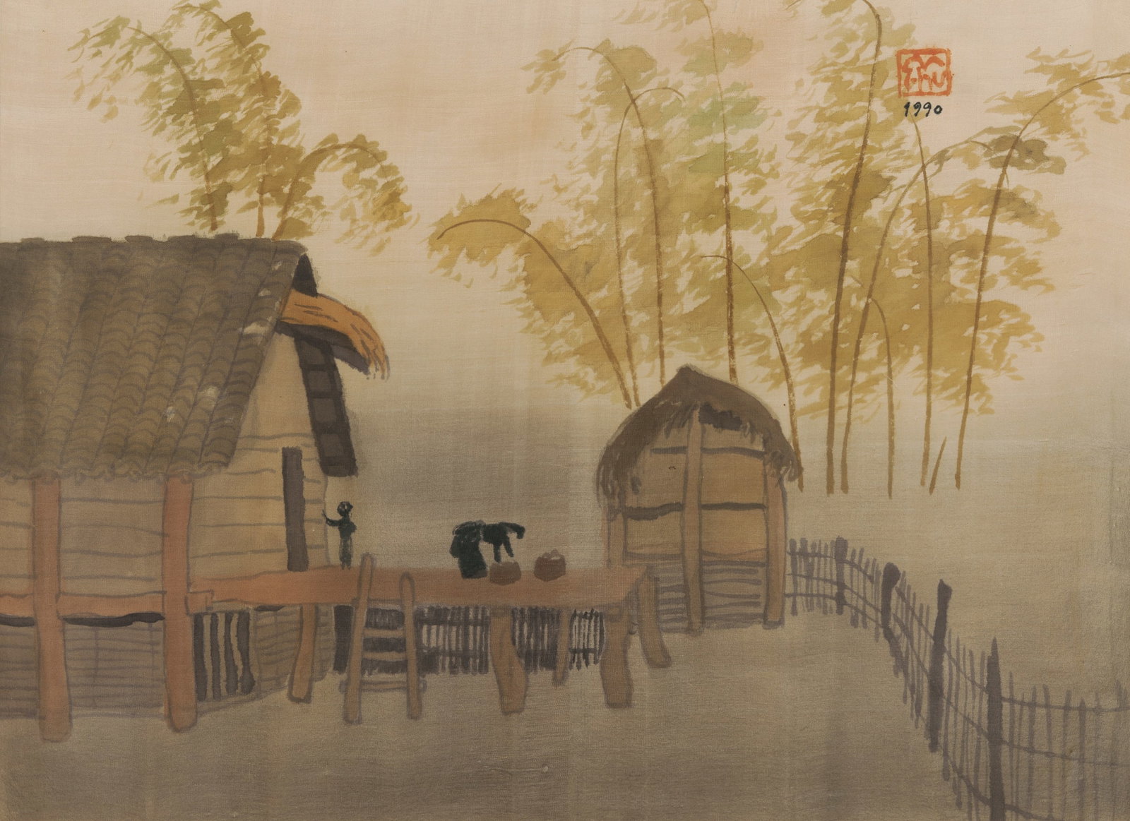 NGUYEN THU (Vietnamese 1930-2023), Village Home, 1990., Ink/Colour on Silk, 39.5x52.5cm (1 of 2)