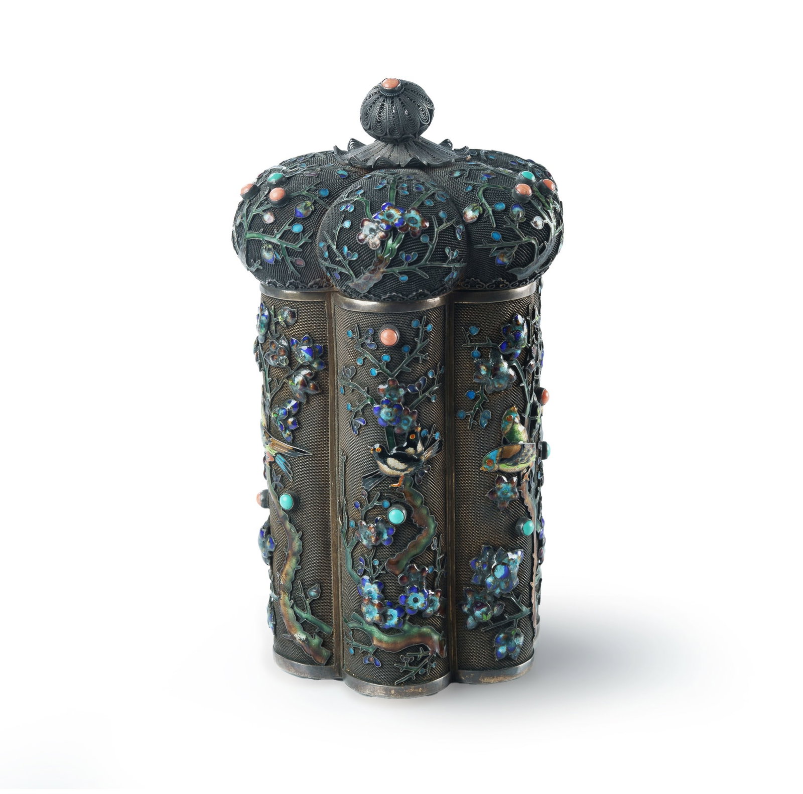 Chinese Enamelled Silver Filigree Tea Caddy: Chinese Enamelled Silver Filigree Tea Caddy Enamelled birds and flowers on a gold-washed filigree ground, with a gilded interior. Stamped 'silver' to base. (H17.5cm W562g)
