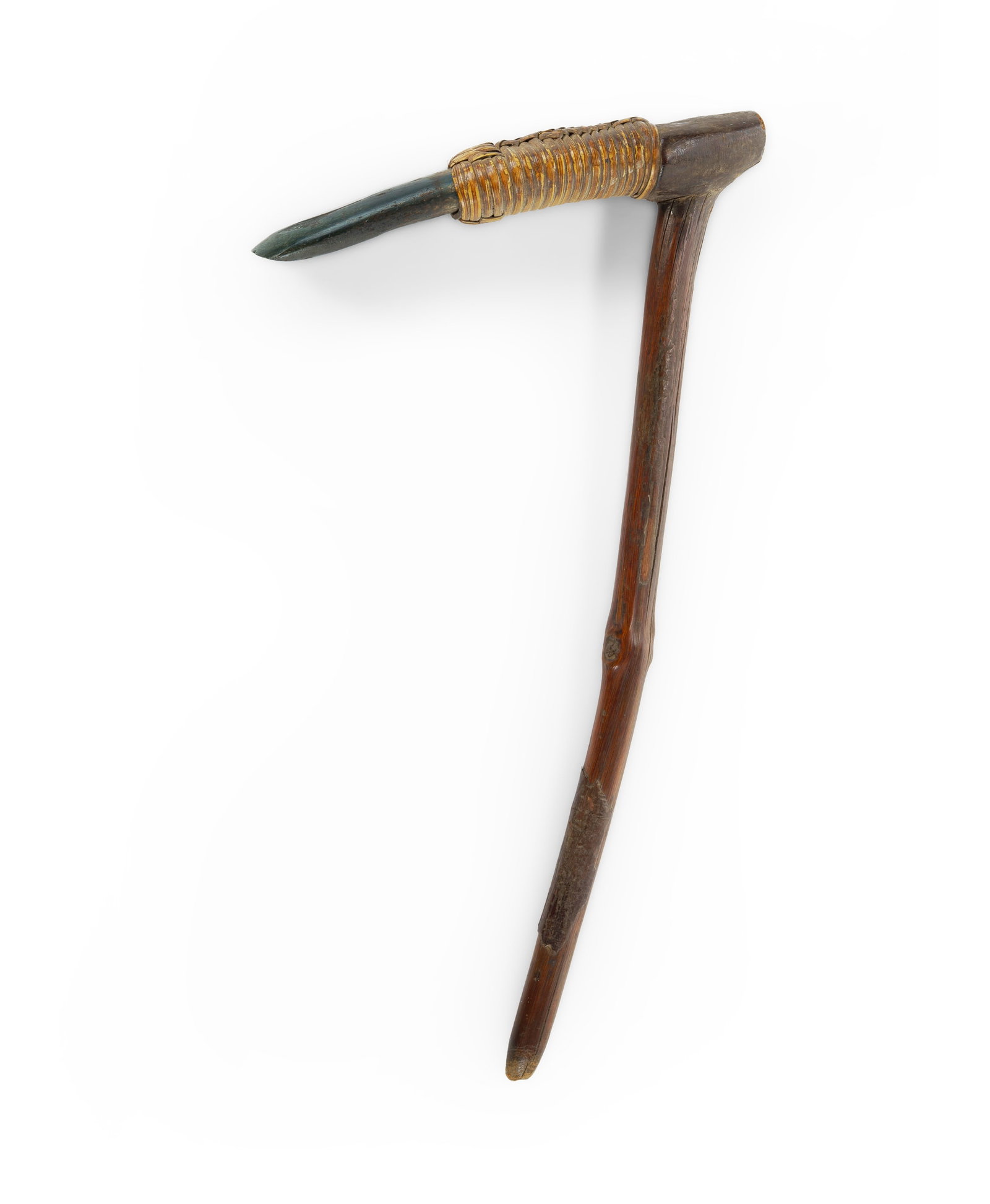 Papua New Guinea Adze: Papua New Guinea Adze Polished stone blade bound with cane to a wooden shaft. (L52cm)