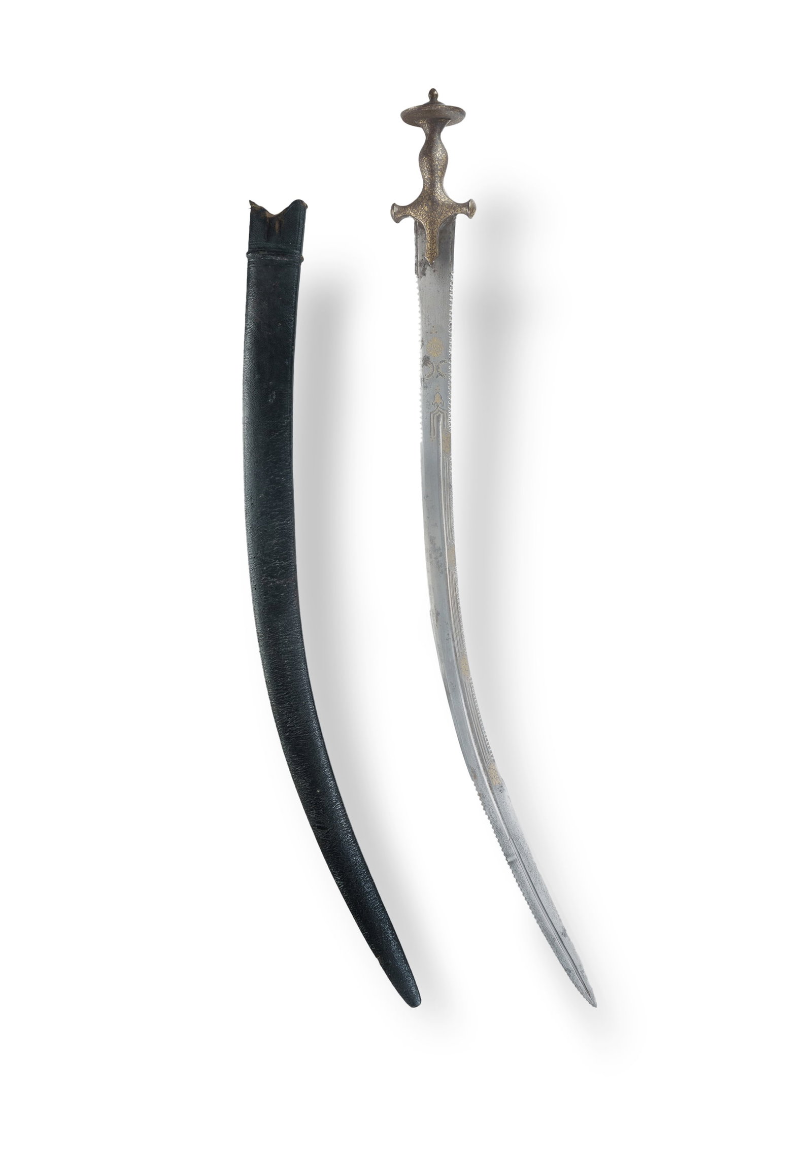 19th C Indian Tulwar Sword with Serrated Blade: 19th C Indian Tulwar Sword with Serrated Blade Shamshir blade with multi-fuller carving and a 16cm piercing at distal point. The blade is decorated with gold koftgari work and inscriptions, with a vis