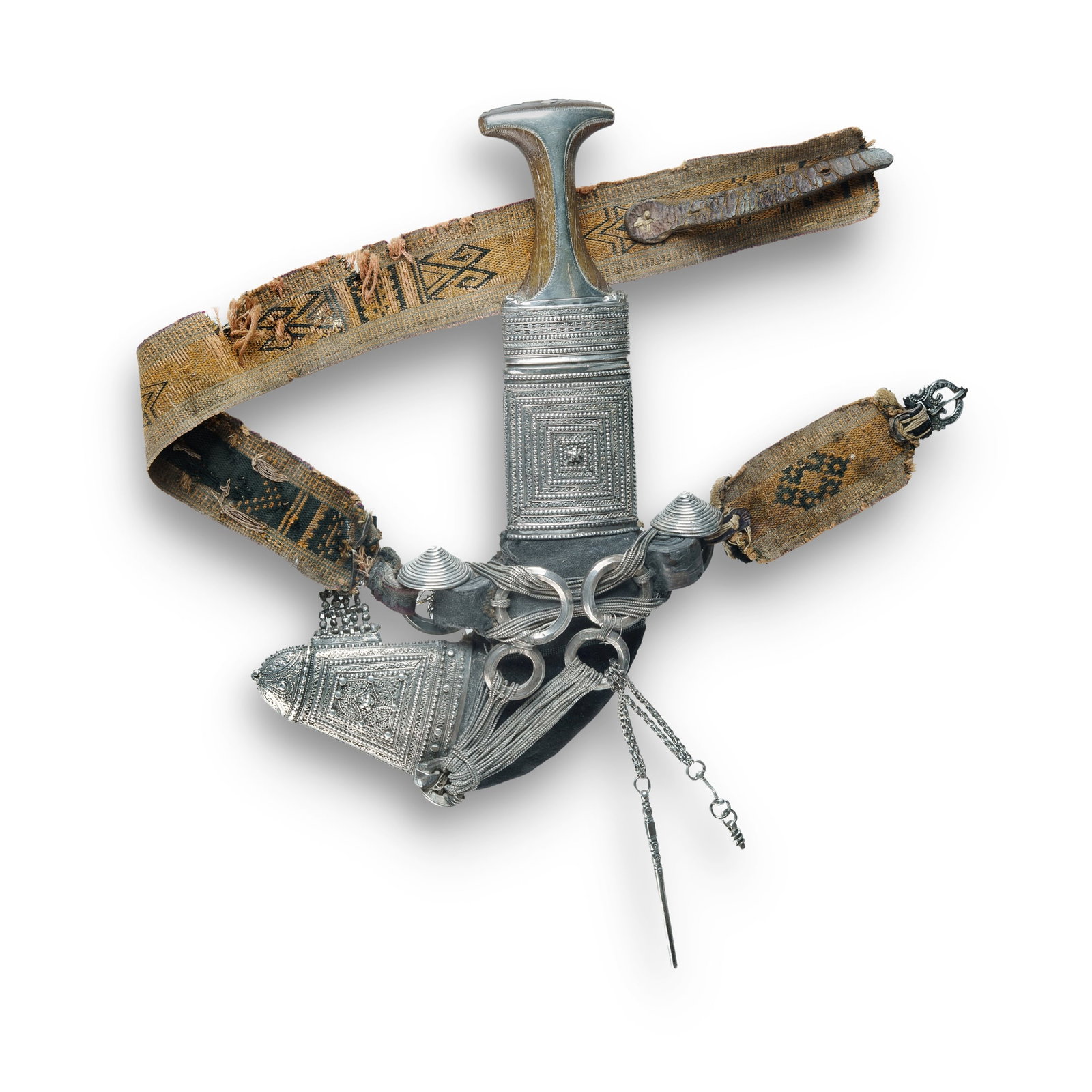 19th C Omani Al Nizwani Khanjar: 19th C Omani Al Nizwani Khanjar 'T' shaped horn hilt with silver plate to front. Scabbard decorated with fine silver filigree, and with 4 silver suspension rings and a woven cloth belt with silver buc