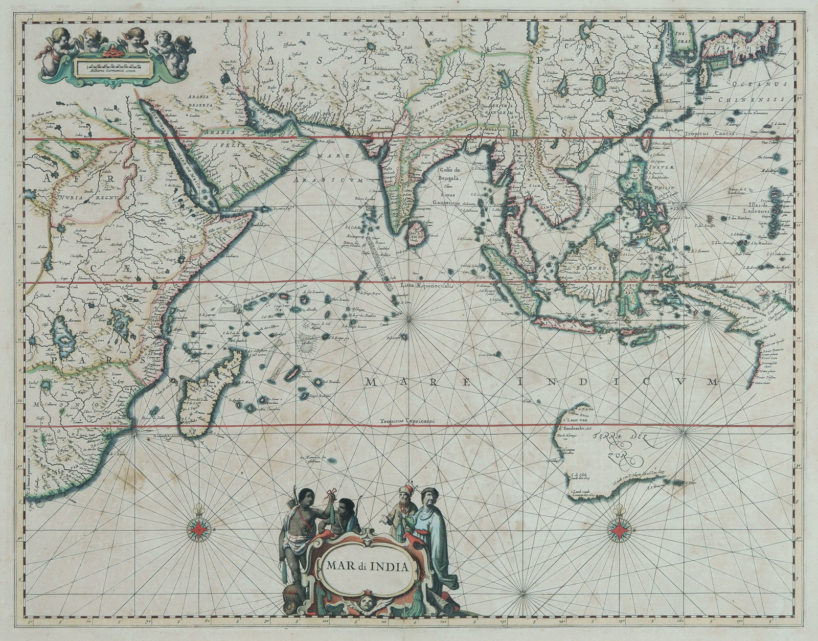 17th C MAP 'Mar di India,' c.1650. Copper Engraving (46x57cm): 17th C MAP 'Mar di India,' c.1650. By Johannes Janssonius (1588-1664). Hand coloured map from the 'Atlas Maritimus' showing from the Cape of Good Hope to the East Indies, including an early fragment o