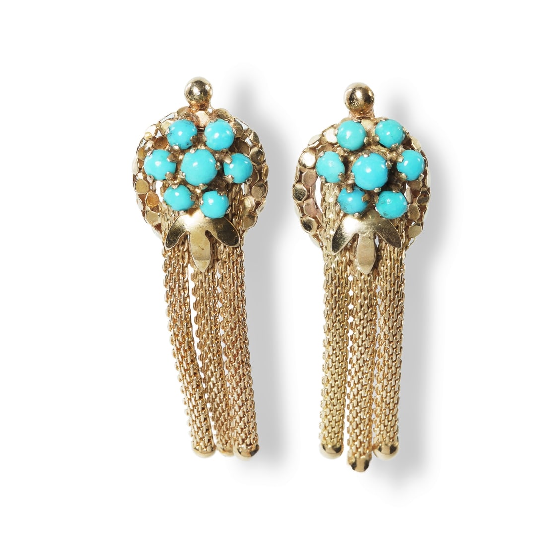 18ct Yellow Gold Turquoise Earrings: 18ct Yellow Gold Turquoise Earrings Seven-stone turquoise flower design with 3 tassel drops (some stones are glued). Acid tested; butterflies marked 750. Approximate weight: 13.18g.