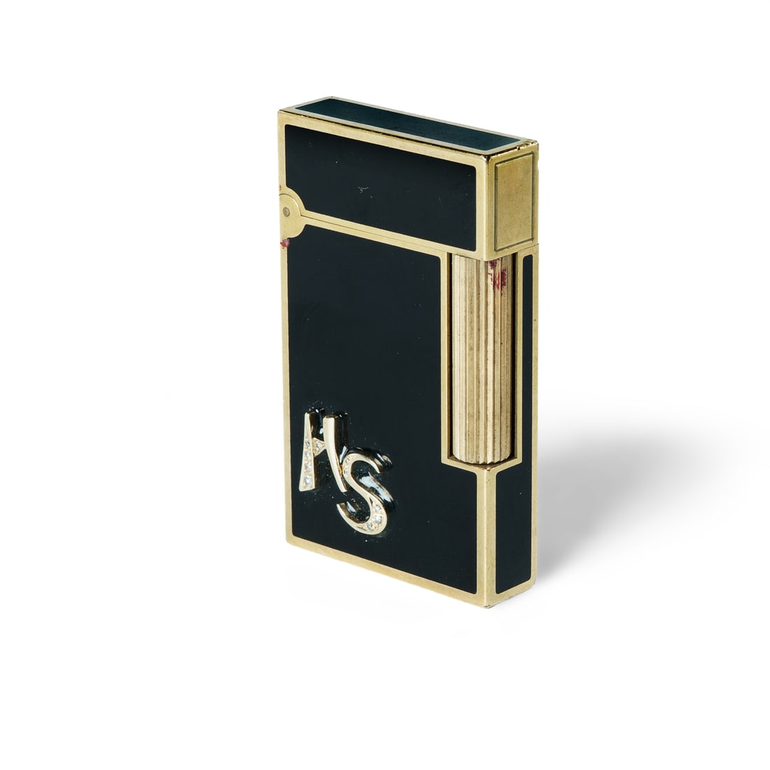 Gold Filled Dupont Lighter: Gold Filled Dupont Lighter Set with a diamond and featuring 14ct+ gold initials 'HS'. Diamond approx. 0.12ct (single cut).