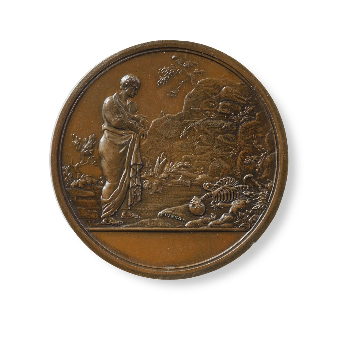 Bronze Medal issued by the Royal College of Surgeons 1767: Bronze Medal issued by the Royal College of Surgeons 1767 Obverse: Robed man by cliff looking at skeleton. Blank space at bottom. Reverse: Crest in wreath with wording QVAE PROSVNT OMNIBVS ARTES MDCCL