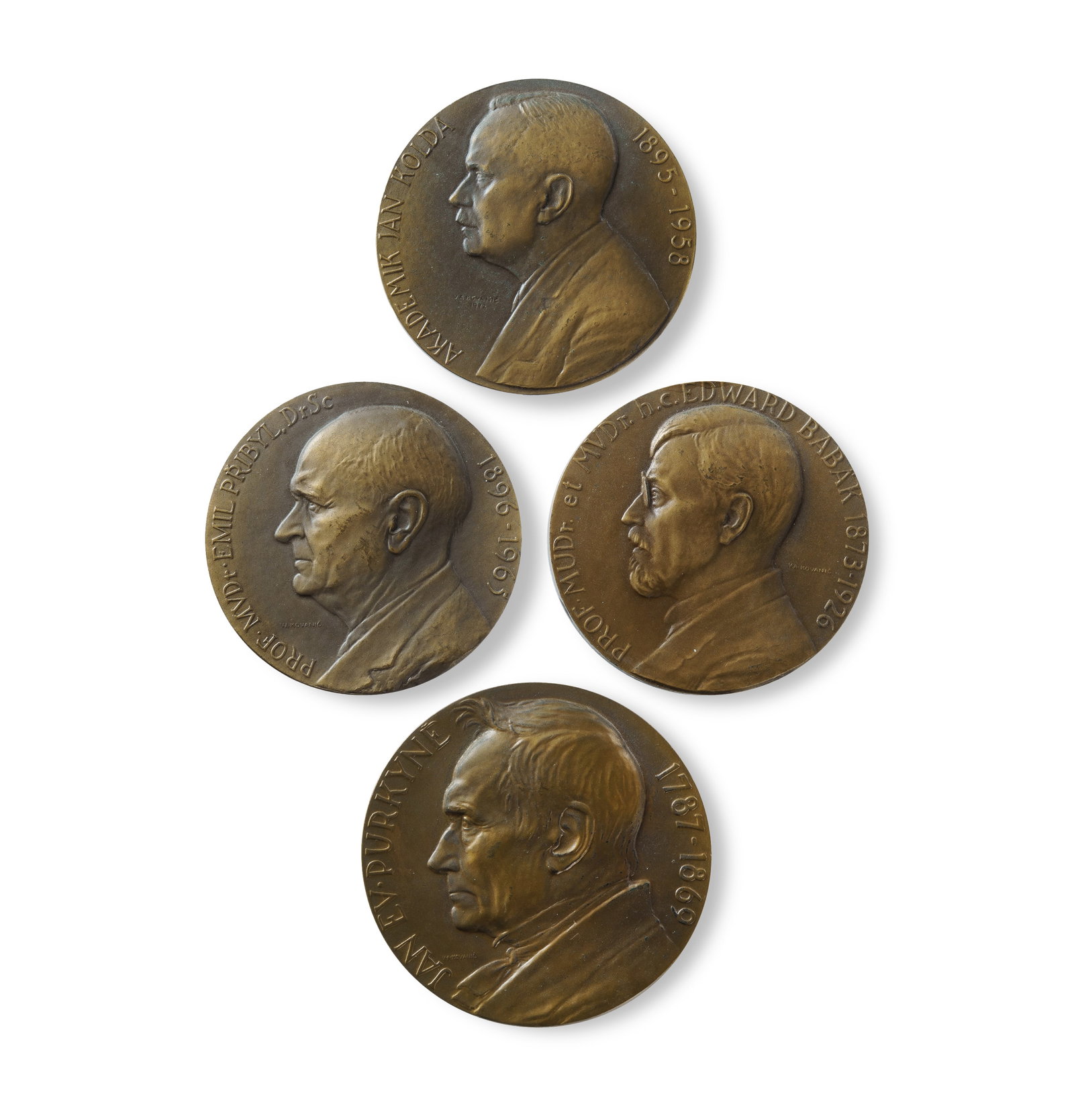 4 Bronze Portrait Medals of Famous Czech Physicians and Veterinarians: 4 Bronze Portrait Medals of Famous Czech Physicians and Veterinarians Jan Kolda (1895-1958), professor of normal and comparative anatomy of domestic animals and head of the Department of Anatomy of th