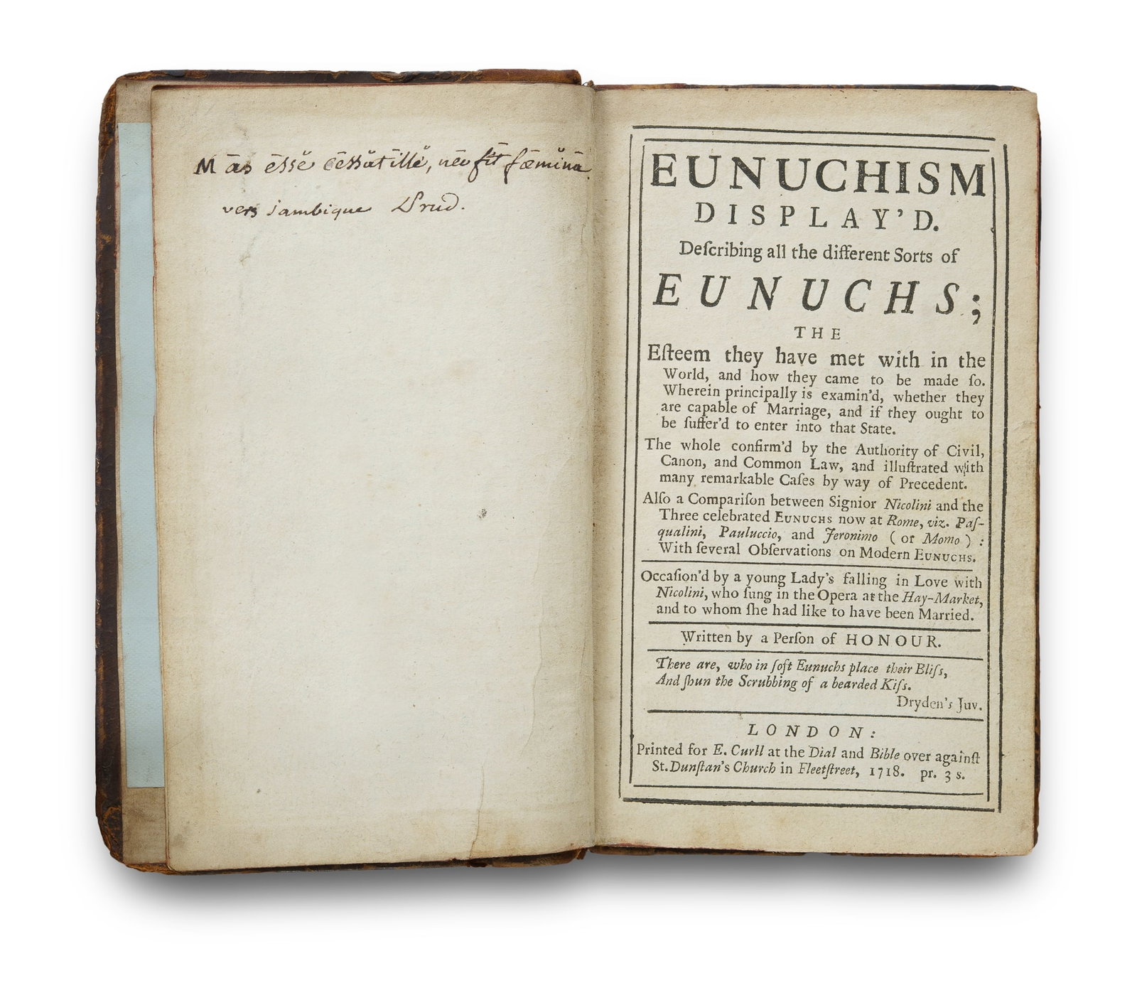 1718 Edition on Eunuchism, Attributed to French Philosopher Charles Ancillon. (1 of 5)