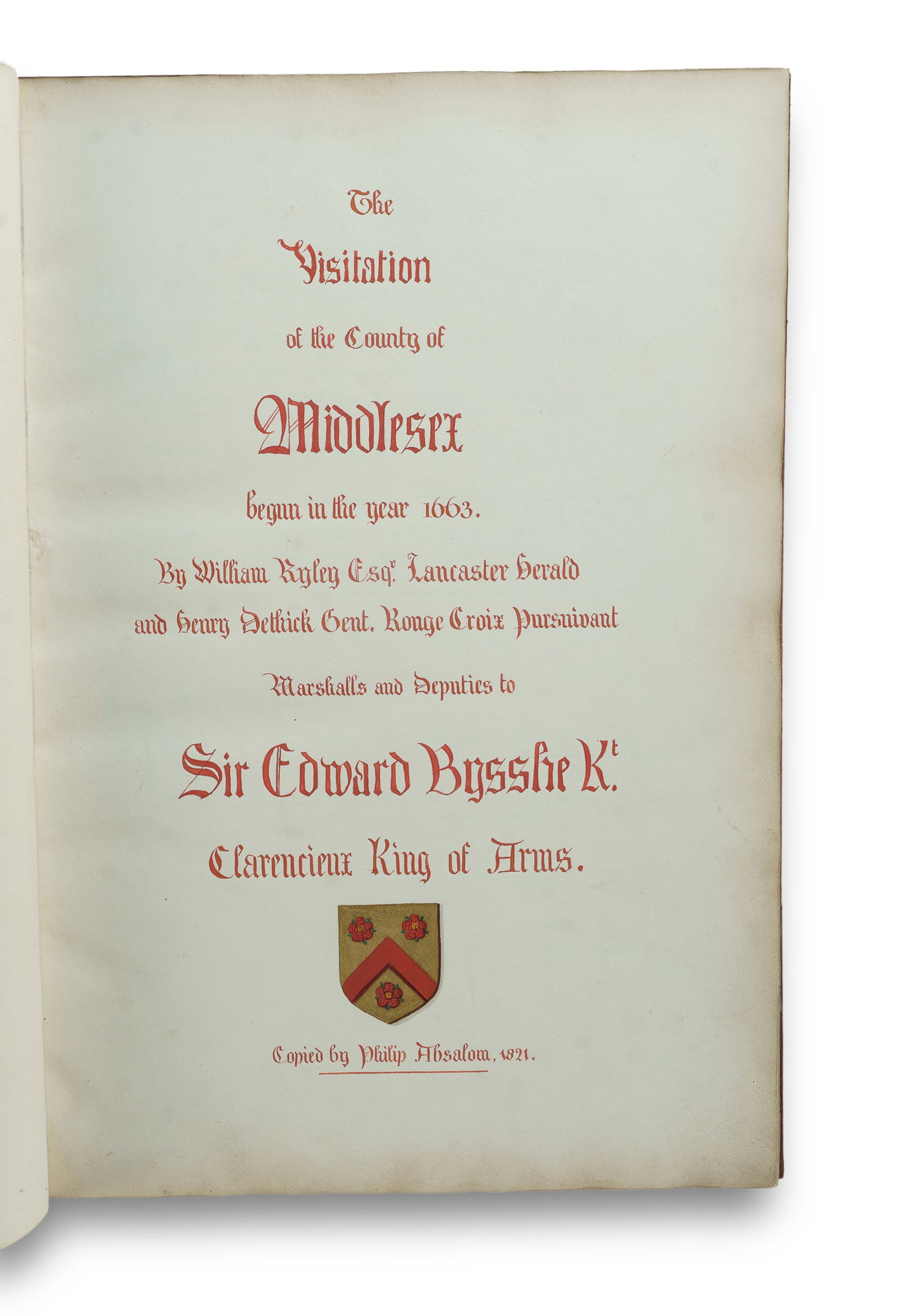 Philip Absalom's 1821 Hand Painted Copy of 'The Visitation of Middlesex, began in the Year 1663' by (1 of 3)