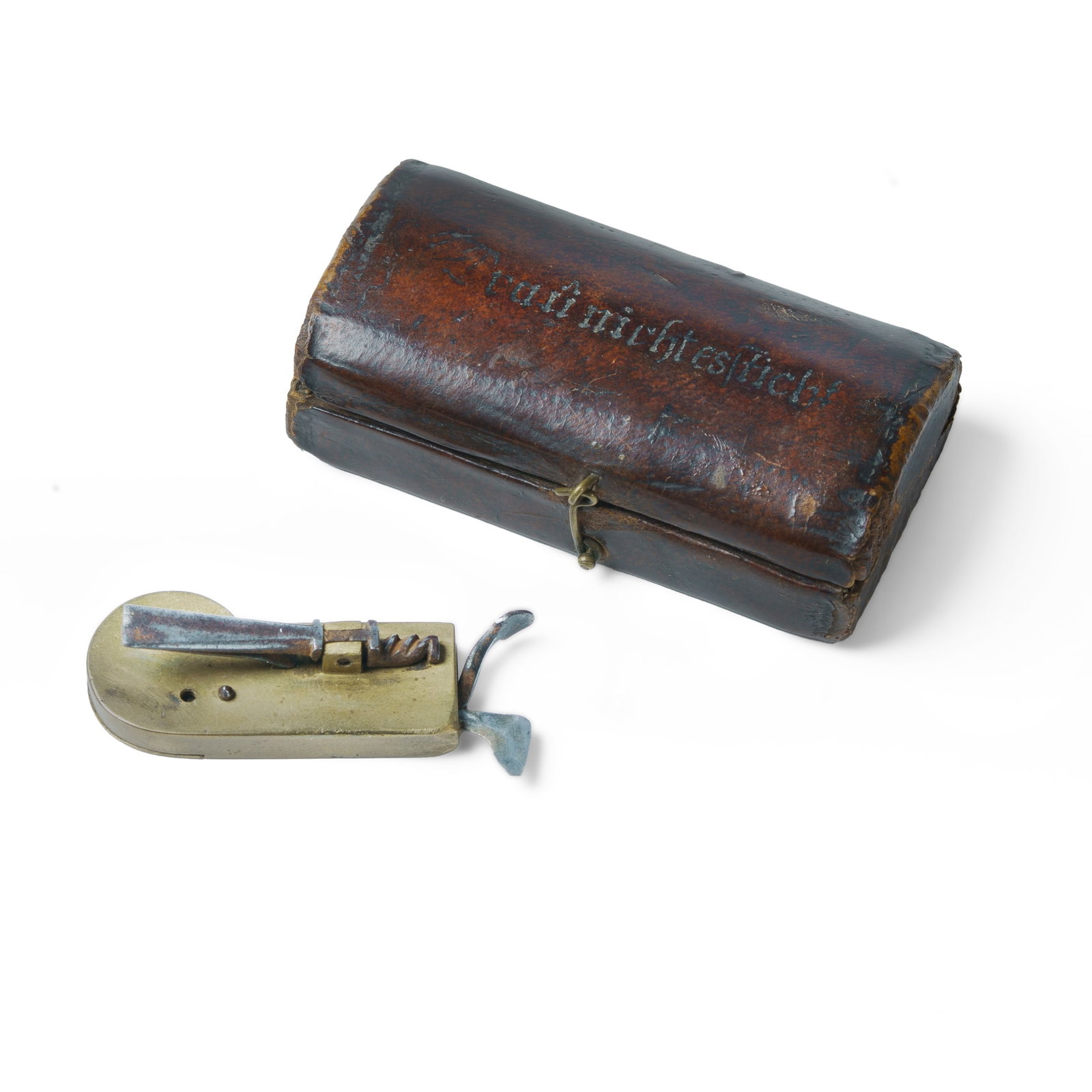 Rare 19th C Spring Lancet 'Traunichtessticht': Rare 19th C Spring Lancet 'Traunichtessticht' The inscription on the case translates as 'do not trust - it stabs' L7cm (case)