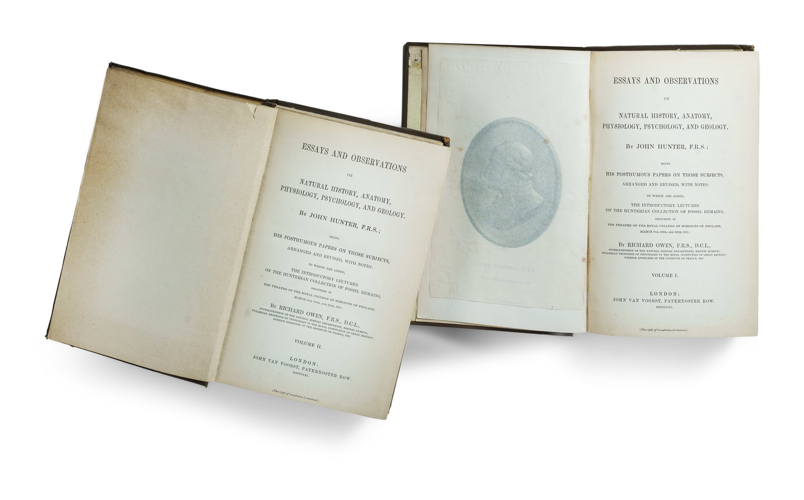 2 Volume Set of John Hunter's Papers published posthumously in 1861 by Richard Owen: 'Essay and: 2 Volume Set of John Hunter's Papers published posthumously in 1861 by Richard Owen: 'Essay and Observations on Natural History, Anatomy, Physiology, Psychology and Geology' OWEN, Richard (1804-1892) 