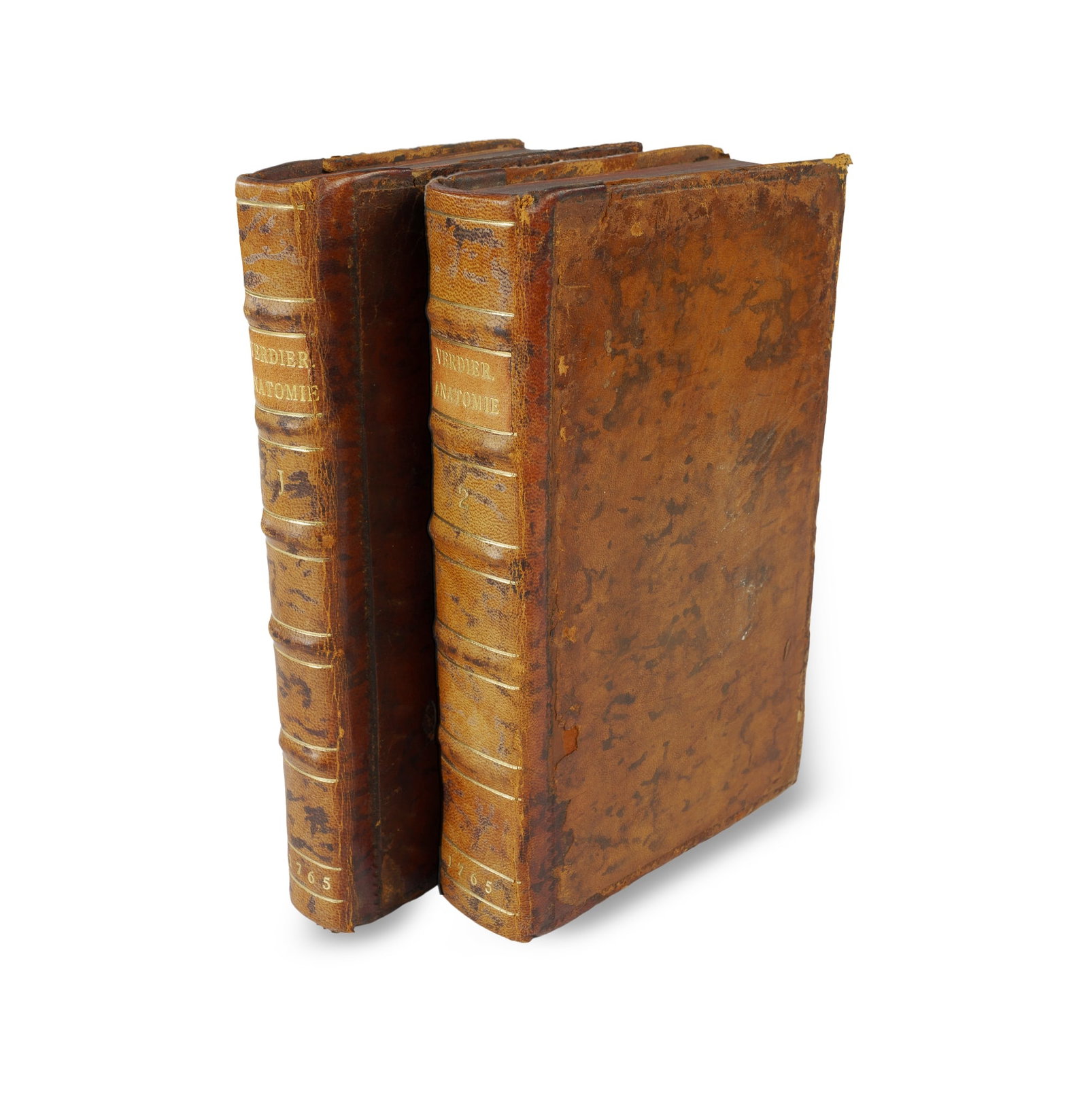 Volume 1 and 2 French Editions of Cesar VERDIER's 1765 'Abreg de l'anatomie du corpe humani' on: Volume 1 and 2 French Editions of Cesar VERDIER's 1765 'Abreg de l'anatomie du corpe humani' on Human Anatomy Verdier (1685-1759) was a prosector in anatomy at Ecole de Chirurgie in Paris. 'Abreg de l