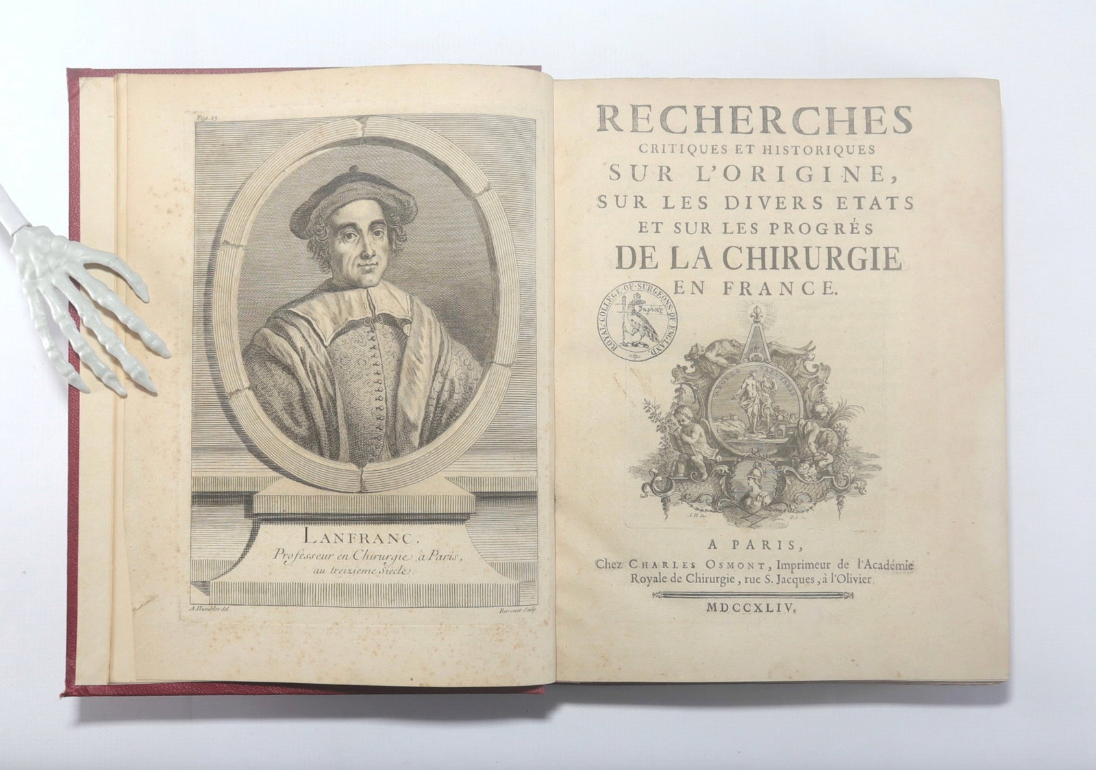 QUESNAY, Francois. Recherches Critiques et Historiques sur l'Origine, sur les Divers Etats et su les: QUESNAY, Francois. Recherches Critiques et Historiques sur l'Origine, sur les Divers Etats et su les Progrés de la Chirurgie en France. Pub. A PARIS: Chez Charles Osmont, Imprimeur de l'Académie Roy