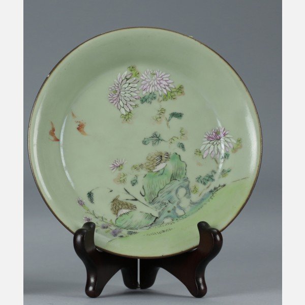 A Famille-Rose Celadon-Ground Dishes, 'An Ju Le Ye', (1 of 8)