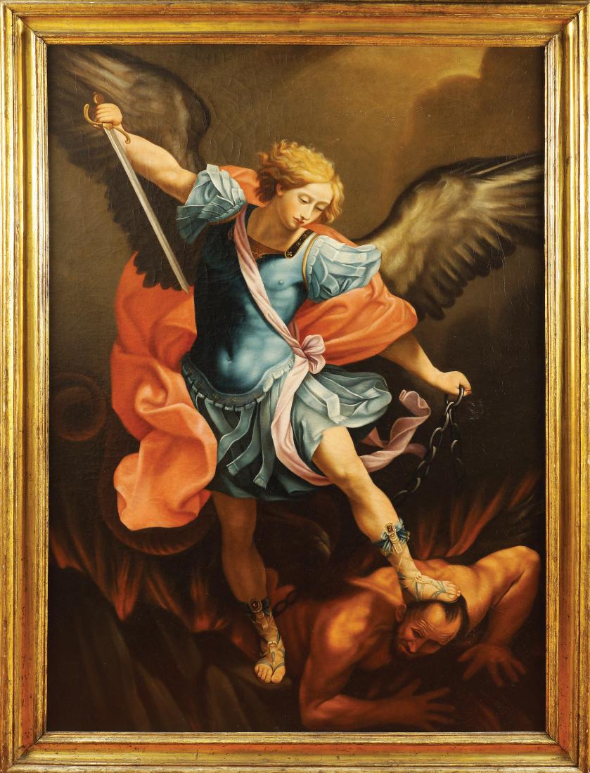 Guido Reni, after late 18th-early 19th century 174x120: "St. Michael and the devil", oil on canvas, in a giltwood coeval frame