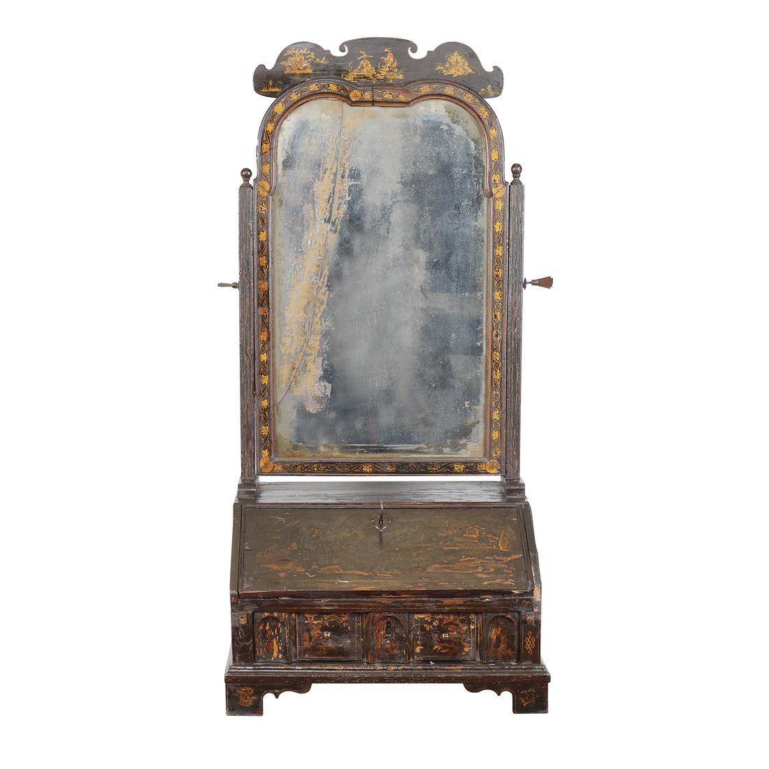 A laquered wooden toilette set China, 18th century: finely decorated in gold with chinoiserie motifs, tilting mirror with a calatoia and a drawer with compartments and decorative boxes inside, slight defects and damages