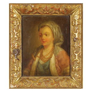 Attributed to Jean Baptiste Le Prince France 1734 -: "Portrait of lady with pearls", oil on panel, framed
