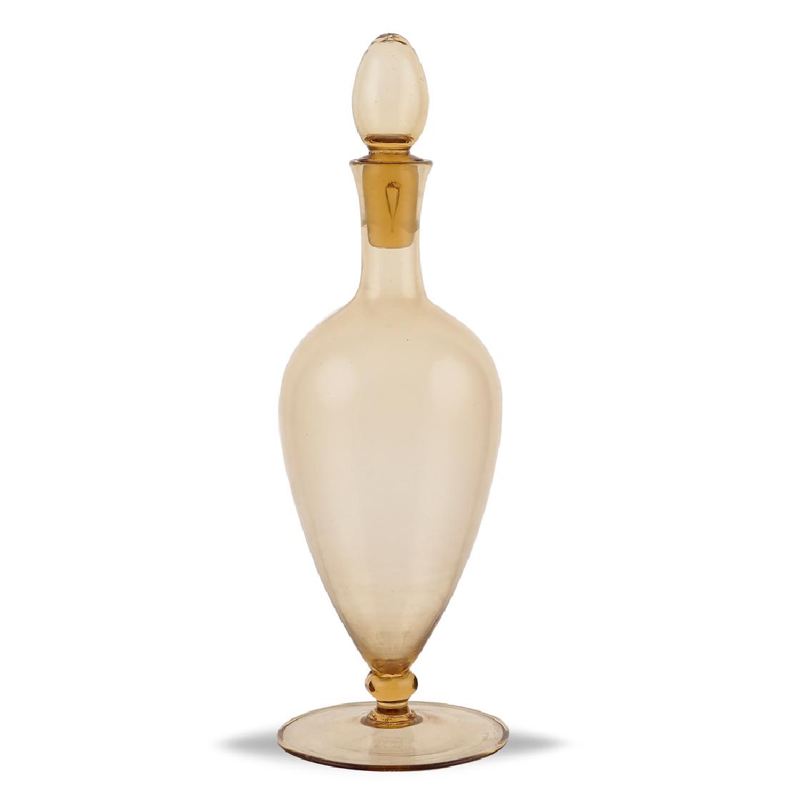 A blown glass bottle Murano around 1930 28x9.2 cm.: from the Cappellini kiln ovoid shape with possibly not original cap acid stamp under the base