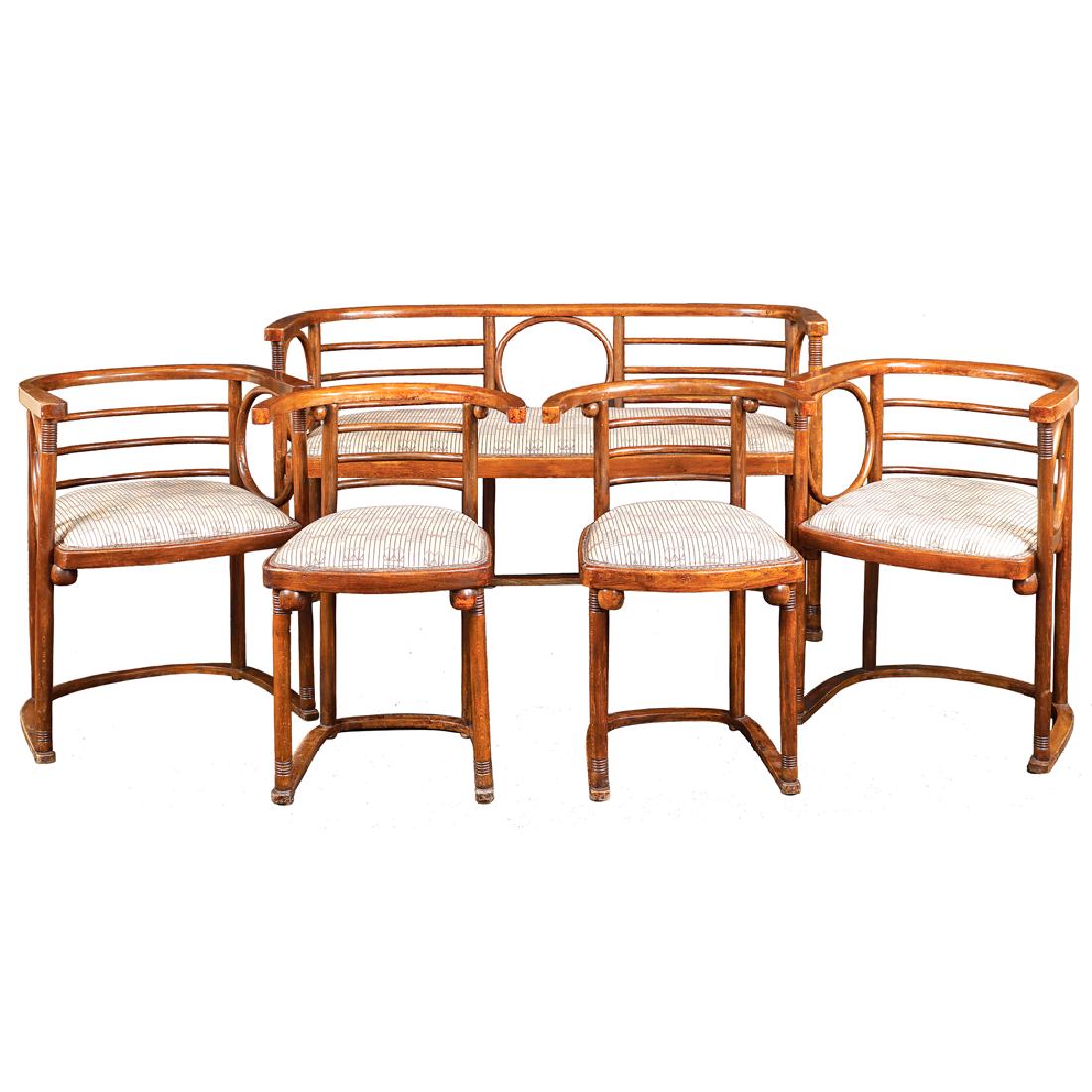Josef Hoffmann per Thonet Mundus Austria around 1907: Living room composed by a sof… 2 chairs and 2 beech wood mahogany taited armchairs upholstered and covered in fabric seats with geometric Viennese Secession pattern. Model for the Fledermaus cabaret