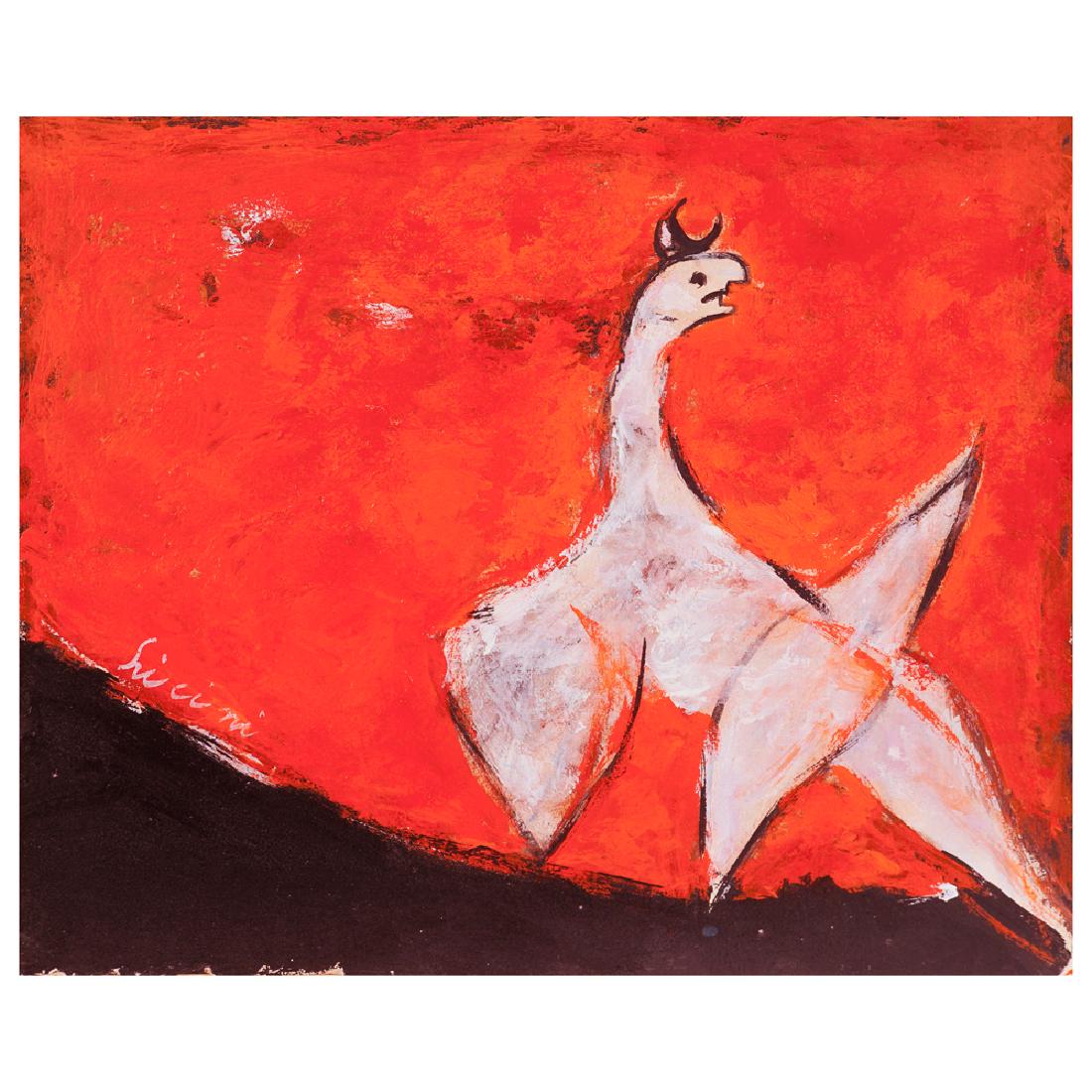 Osvaldo Licini Monte Vidon Corrado 1894 - 1958 17x20 cm: "Angelo ribelle su fondo rosso" around 1950 oil on cardboard signed at the center on the left Provenance: Giulio Santarelli Collection Marino - Rome The work is accompanied by an analysis of the paint