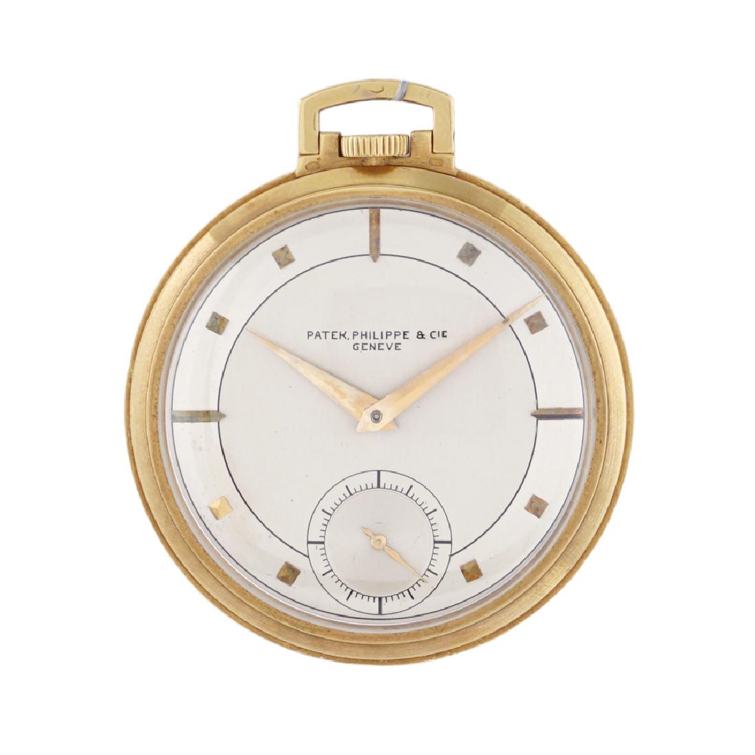 Patek Philippe & Cie, pocket watch '60ies circa peso 54: 18kt gold watch, round case 44 mm. ref. n. 295561, duodial dial with golden hour indexes, seconds counter, mechanical movement with manual remontoire winding ref. n. 880389