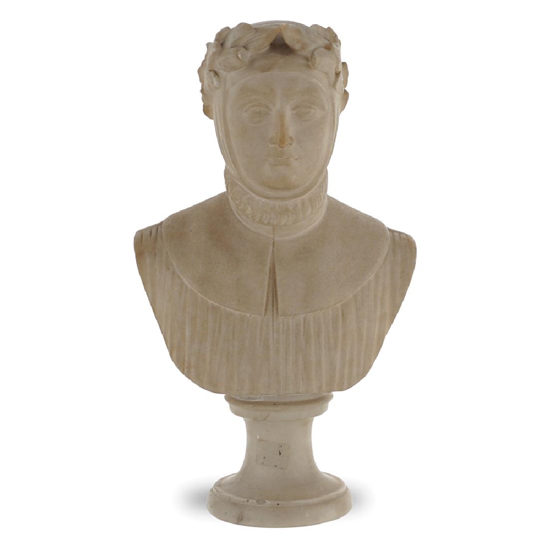 White marble portrait bust Italy, 19th century h. 27: depicting Dante, resting on a turned base. Provenance; Gianni Versace Collection, Sotheby's London 2009