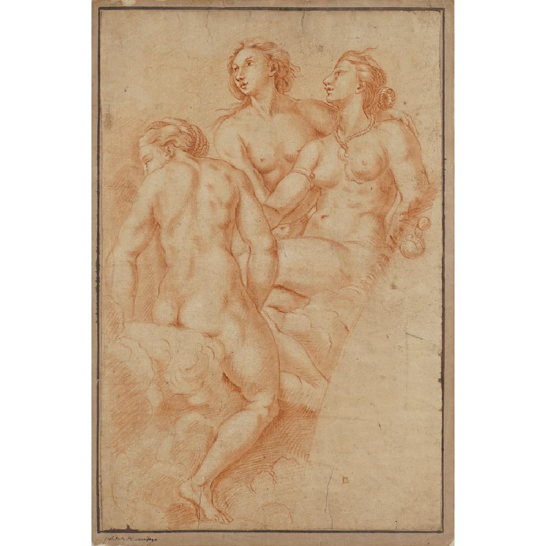 Polidoro da Caravaggio, attributed Caravaggio 1500 -: "Le tre Grazie", drawing in sanguigna on paper, within a wooden frame. The graphic work is in excellent condition and is one of the sails made by Raphael and his workshop on the Psyche Loggia of the V