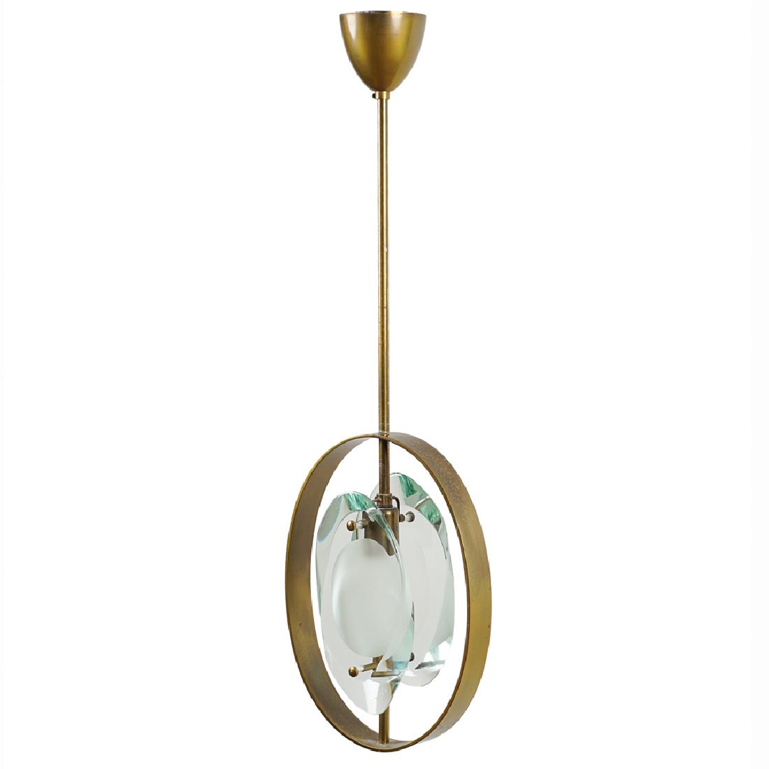 Max Ingrand Bressuire 1908 - Parigi 1969 h. 68 cm.: hanging lamp, 1933 mod., Fonta Arte, 50's, in brass, satin and cut crystal. Bibliography: "Fontana Arte Gio Ponti, Pietro Chiesa, Max Ingrand", Franco Deboni, ed. U. Allemandi & Co., 2012, fig. 306
