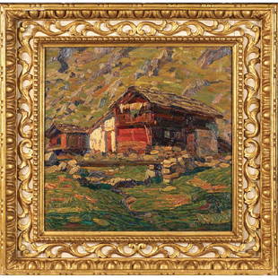 Angelo Pavan Vicenza 1893 - Venezia 1945: "Mountain hut", oil on board, signed and dated 1922 at the bottom right, framed