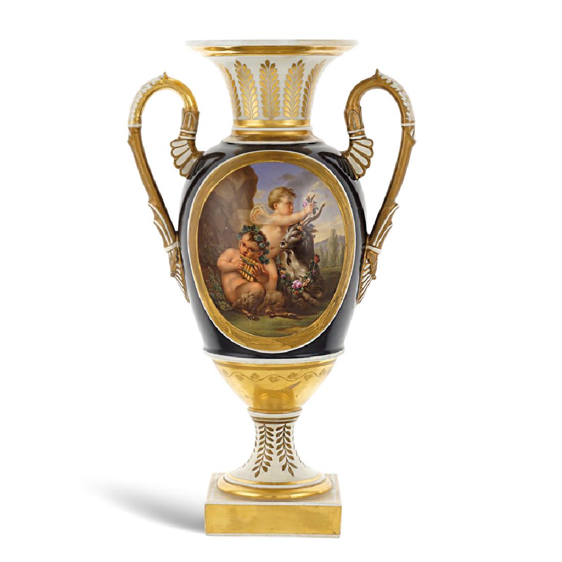 Porcelain empire style vase: Porcelain empire style vase, decorated in polychromy and partially gilt on black background with allegorical scenes of putti volutes handles squared base brand beneath the base, Vienna 19th century Di
