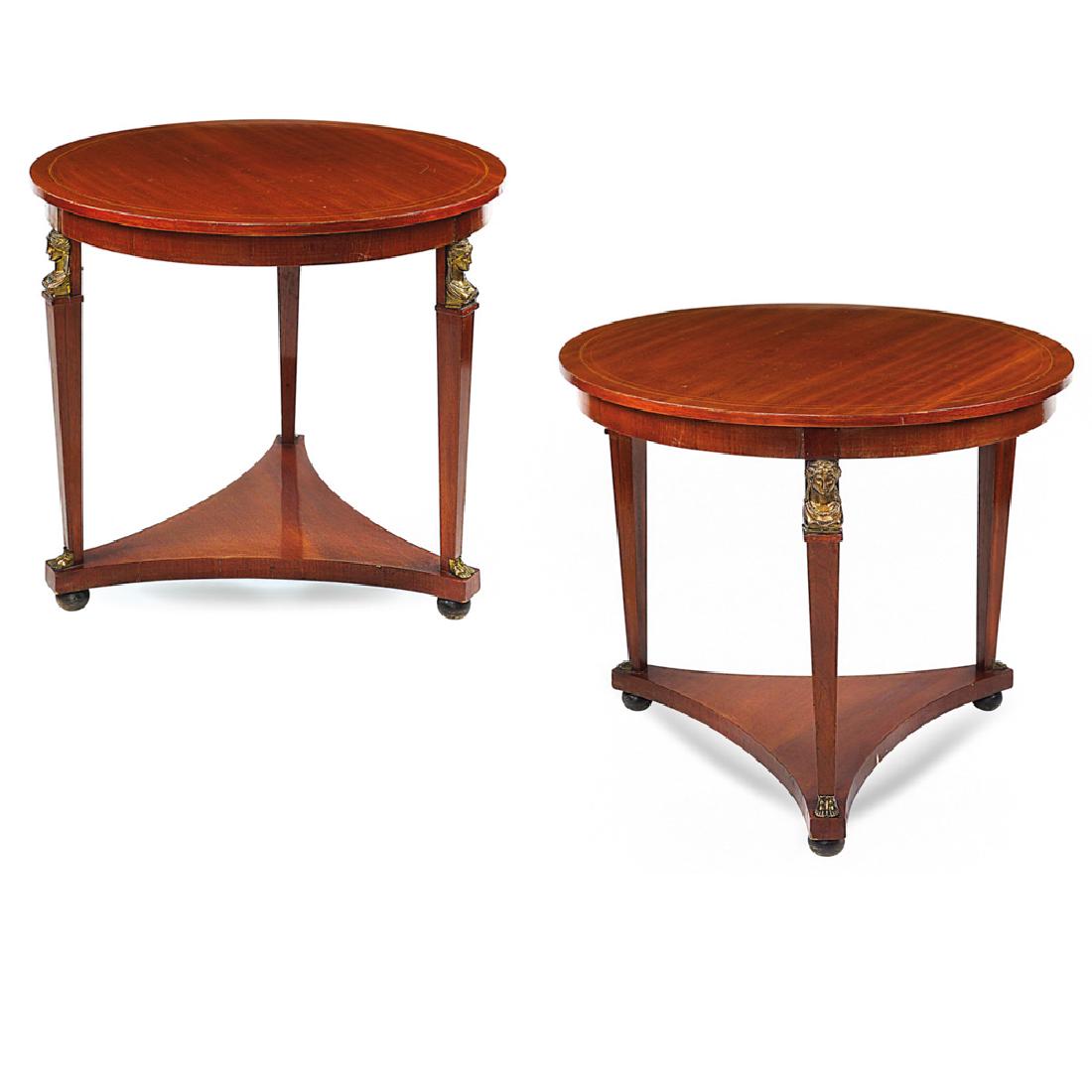 Pair of Impero style round tables: Pair of Impero style round tables, circular tops threaded in bois de rose boxwood and ebony supports decorated with bronze elements joint at the base with speral terminals slight losses, France old ma