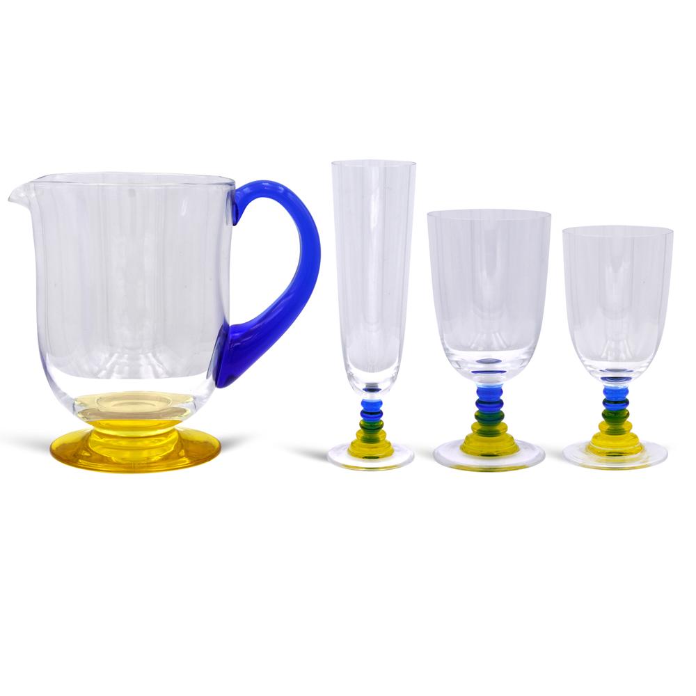 NasonMoretti, glass service (25) Murano, 20th century: transparent and colored glass in yellow and light blue shades, mark at the base_x000D_ Composed of 8 water glasses, 8 wine glasses, 8 flutes and a jug, h. 17,5 cm.