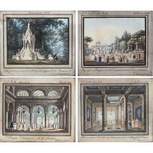 Alessandro SANQUIRICO Milano 1777-1849 8x9,5 cm.: "Decorazioni sceniche per il Teatro alla Scala", 1827-1832-1836, four miniatures watercolor on paper, signed at the lower right, within giltwood frames