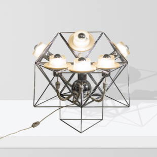 Felice Ragazzo, prod. DH Guzzini: Italia, circa 61X62X60 cm., mod. Poliedra,table and floor lamp , chromed steel and satin methacrylate