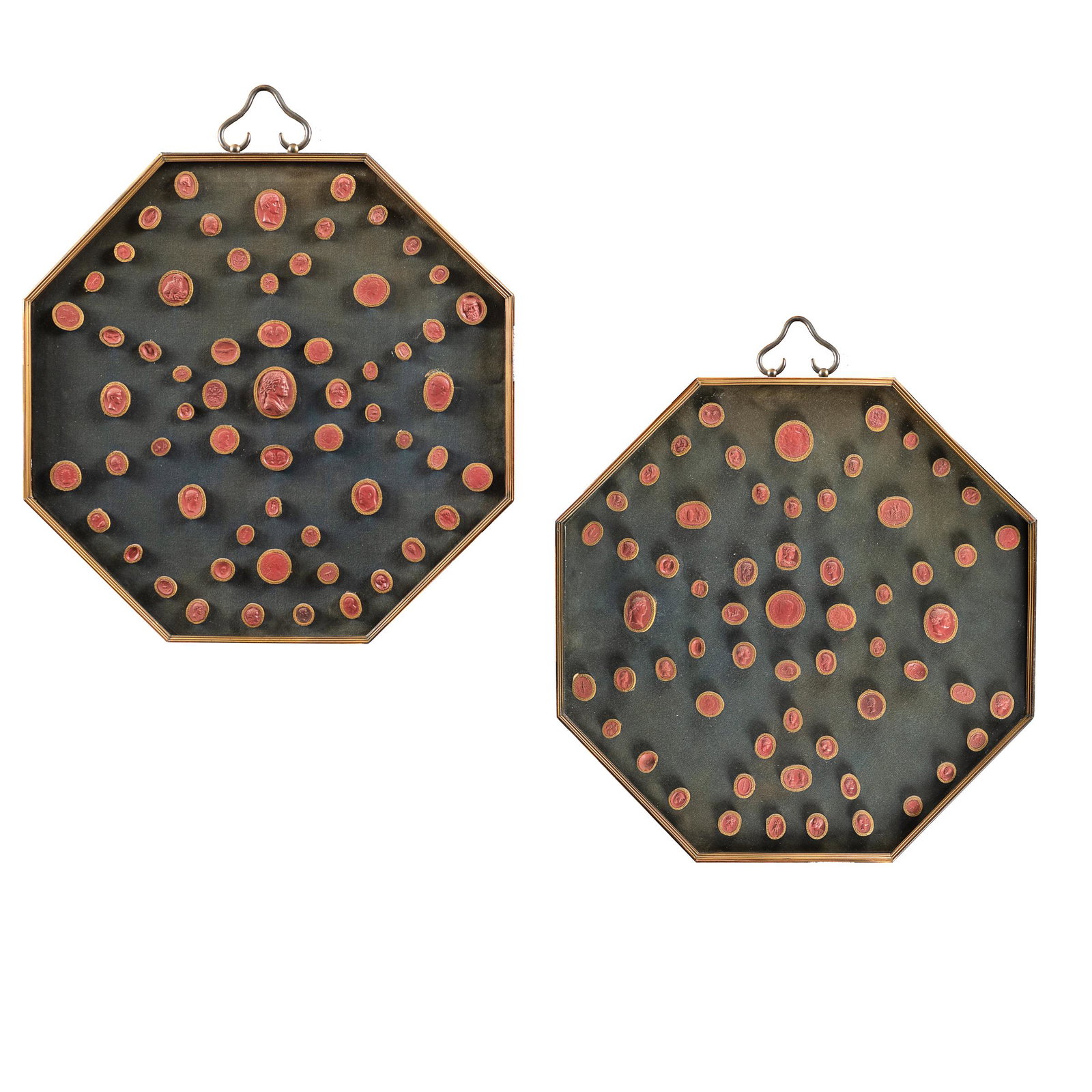 Collection of sulfur and sealing wax casts Italy, 19th: oval-shaped depicting profiles and mythological subjects, each cast is framed by pressed cardboard to simulate gold