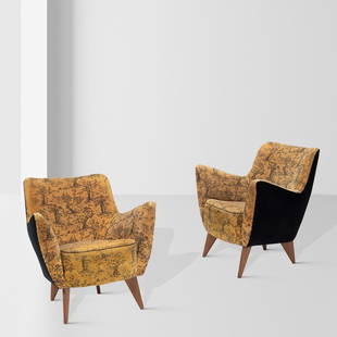 Guglielmo Veronesi, prod. I.S.A. (2) Italy, 1950s: two mod. Perla armchairs in wood and upholstered fabric