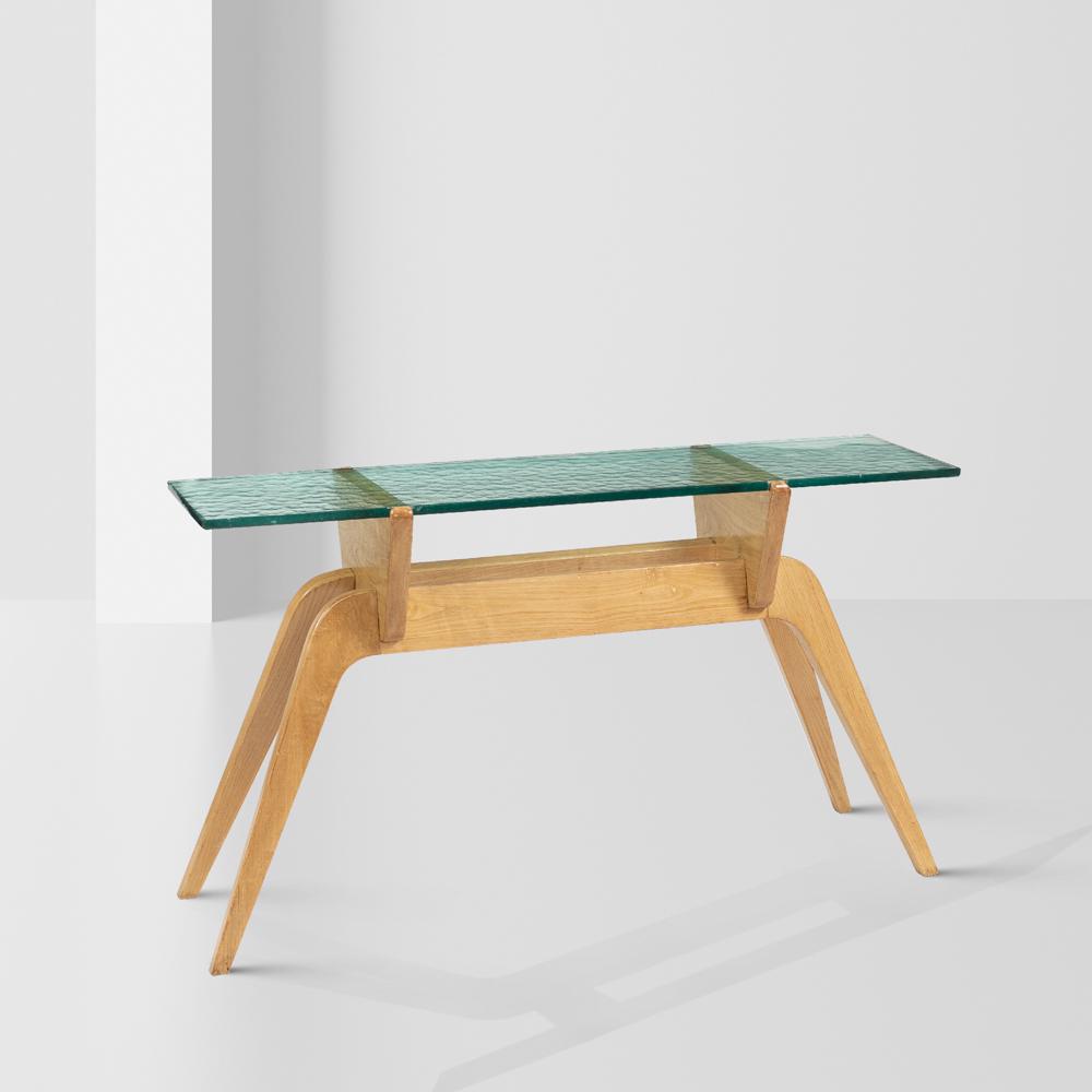 Italian manufacture 1960s 67x120x32 cm.: wood and hammered glass console